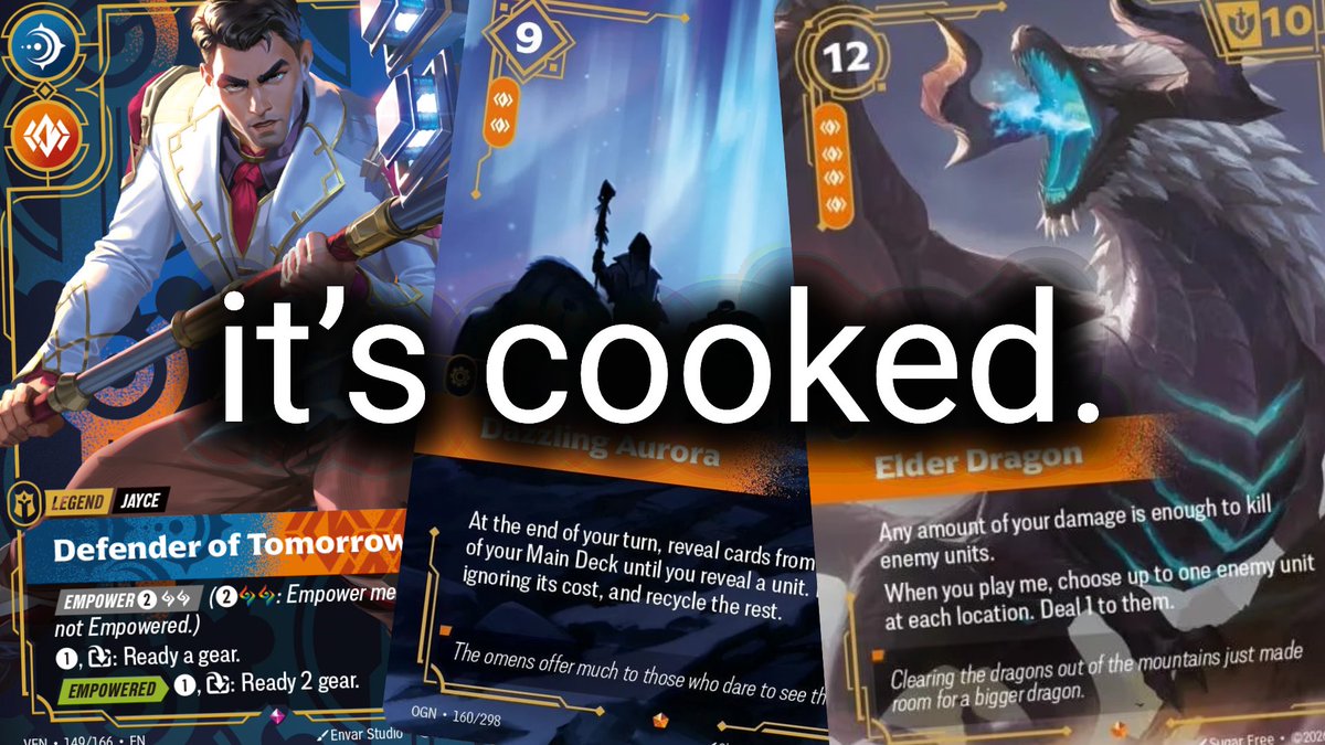 BasedDeckDept's tweet photo. I have only had two truly terrible experiences playing Riftbound. The first was against Lux and the second was against Jayce Aurora. Like Lux was, this deck is a problem. 

And I say this as someone who previously defended Aurora when people called for bans.. but then I played against it properly...

The deck achieves turn 3 Elder in almost every game, and once that game state exists, the combination of Whirlwind, and Bellows Breath mean it is impossible to develop any board even in a deck like Viktor. And Garbage Grabber means that the deck just keeps going regardless of what you throw at it. And if one somehow deals with the first Aurora, there's usually a second and if not there's Clairvoyance and Promising Future to find the next one. 

Both of these decks effectively remove the Riftbound from Riftbound. Battlefields don't matter and almost anything one does has no impact on your opponent. Not having agency to play the game is an instant way to remove any fun and in playing against Jayce Aurora, almost all agency is removed from turn 4. 

I love playing this game, and I have never scooped prematurely but like with Lux, if paired against Jayce Aurora I will just scoop and save myself the mental anguish of feeling like I have a chance to win the game. 

The only chance one has is piloting a deck specifically designed to beat this, and even then the Aurora player would need a terrible hand. I fear that with the recent bans it's going to be an Aurora winter. Please save us Riot.