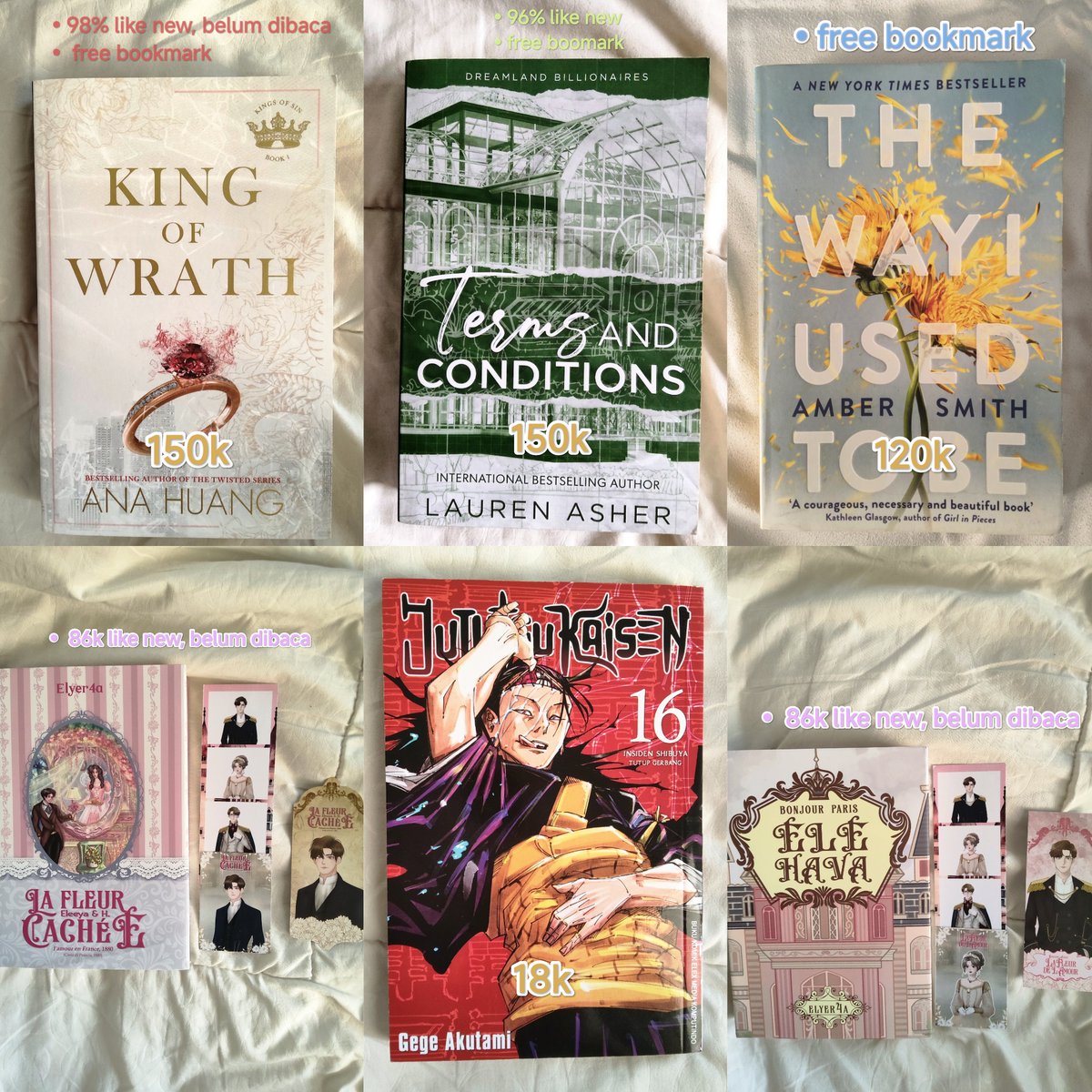 kitzvus's tweet photo. 🌟‼️REPRICE WTS PRELOVED
ꨄ LA FLEUR DE CACHEE LA FLEUR DE L'AMOUR HC, SECRET OF HEART THE LAST 2% LETTERBOX 110 PROSECUTOR GOT MARRIED 
ꨄ KING OF WRATH TERMS AND CONDITIONS THE WAY I USED TO BE 
ꨄ K-TOON CAT AND DOG 4
ꨄ JUJUTSU KAISEN 
ꨄ WANGSIT UTBK 2026 IELTS PREPARATION https://t.co/W5TQfT3Wea