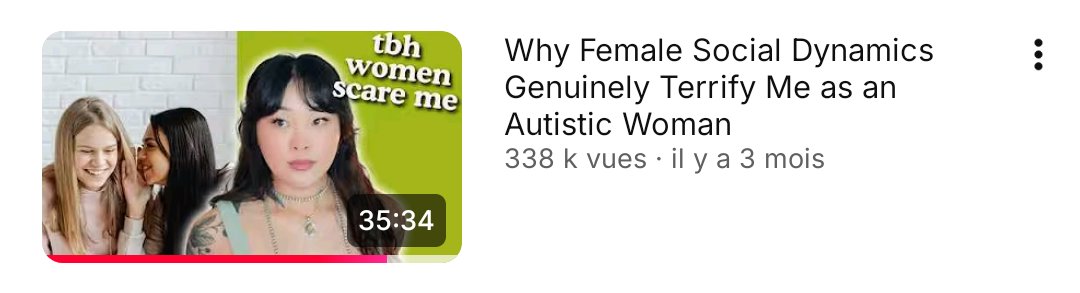 posta_octavian's tweet photo. I highly recommend her video on autistic women. She analyses female social dynamics with precision and expertise. The reason: She had to compensate for her lack of intuitive understanding of female socialisation and social cues by understanding them in a conceptual (almost scientific manner) in order to navigate the world of female social dynamics.

I.e. a lot of the social dynamics are completely unspoken, disappointment and expectations are only indirectly expressed, and her lack of understanding was interpreted as hostility. Other women were hell for her. She says that being attractive makes it worse: there's an expectation that she must be socially competent and if she isn't, it's arrogance. Men are also forgiven more easily for missing the social cues because they're just men, and there's no expectation that they'd "get it".

Autistic women likely have no issue with men or finding relationships, but they have many issues with female friends. Autistic men have the opposite problem.