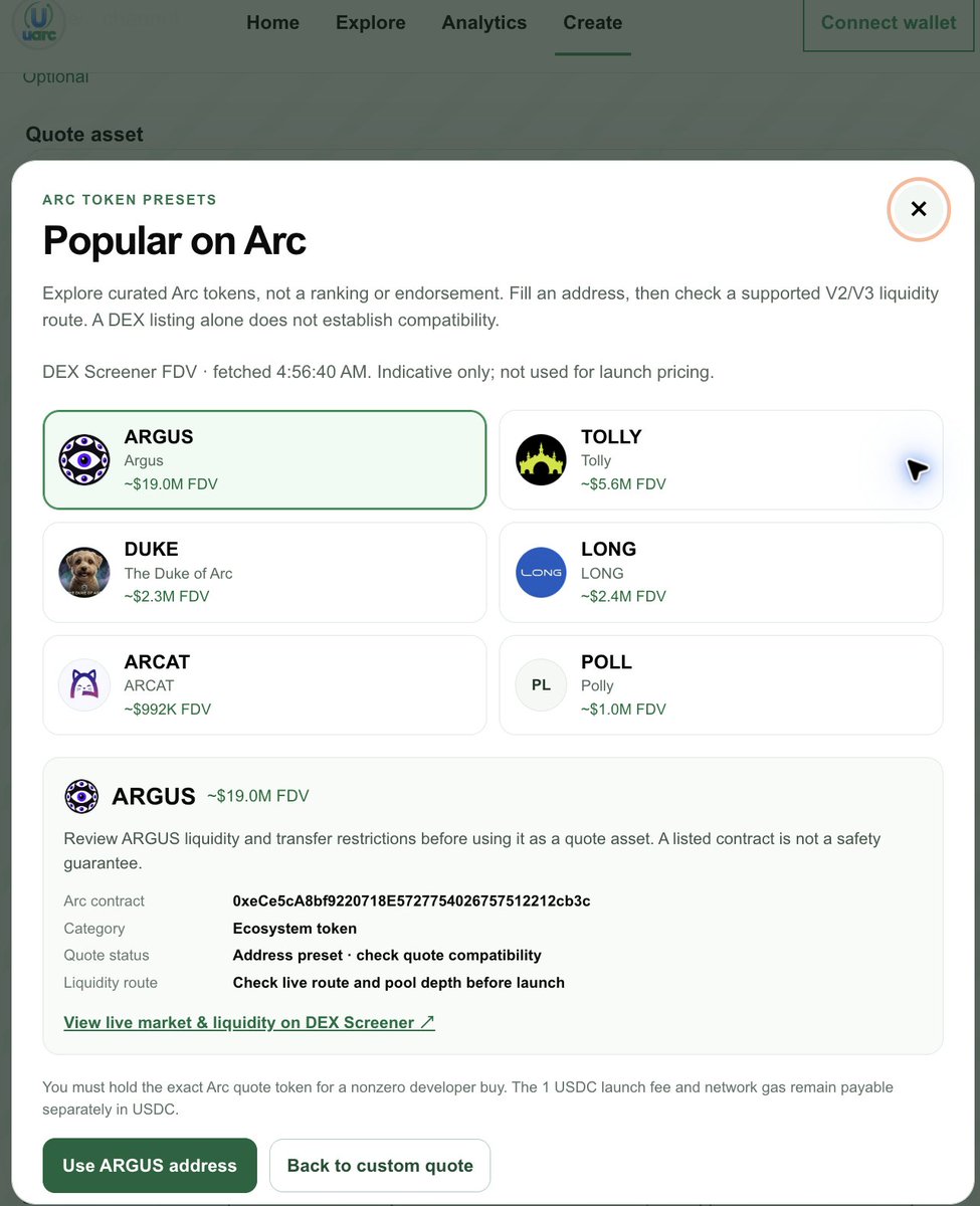 uarcdotfun's tweet photo. uarc is officially going live in ~2–3 hours.

The premier, truly community-owned launchpad built natively on @arc  opening its doors.

Our mission has always been straightforward: provide the fairest, most versatile, and transparent launch infrastructure for creators and communities across the Arc ecosystem.

Here is what you need to know before we open the gates:

Launch with Arc Native Popular Tokens Token creators are no longer limited to standard base pairs. You can now bootstrap and launch pools directly against Arc’s most active native tokens: • $ARGUS • $TOLLY • $DUKE • $LONG • $ARCAT • $POLL Tap into existing on-chain communities and deep native liquidity from the very first block.

Pioneers of Diverse Real-World & FX Liquidity uarc remains the first launchpad on Arc to support: • Euro Liquidity: Trade and launch natively in $EURC. • Tokenized Treasury & Real Yield: Direct pool creation backed by institutional yield assets like USYCandUSYCandUSDY. Bridging traditional finance liquidity with on-chain momentum.
Uncompromising Community Economics A platform should enrich its community, not extract from it: • Empowering Creators: Creators earn and claim their rightful fee shares directly on-chain. • Automatic Buyback & Burn: Beyond creator fee claims, all protocol revenue automatically routes into the open-source Buyback & Burn contract. • Transparent & Open-Source: No hidden wallets, no insider allocations. Every swap fee, buyback transaction, and burn execution is open-source and verifiable on-chain.
A launchpad built by the community, owned by the community, and dedicated to the growth of Arc.

Launch window: ~2–3 hours. 

Official portal: https://t.co/qjQhIOpIZ5

#ArcNetwork #uarc #DeFi #Web3