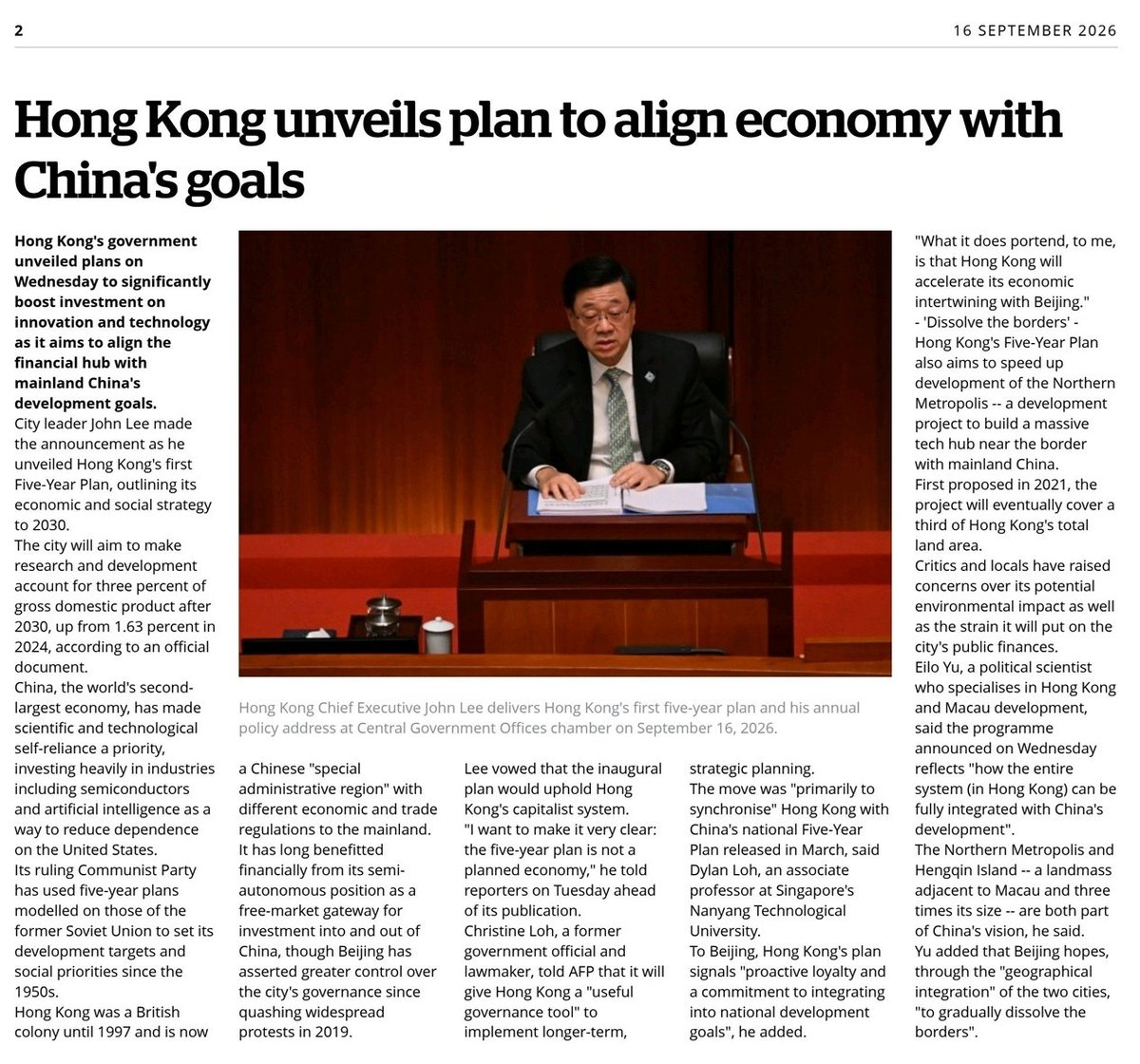 cozyduke_apt29's tweet photo. AFP: Hong Kong’s government unveiled plans on Wednesday to significantly boost investment on innovation and technology as it aims to align the financial hub with mainland China’s development goals.

The city will aim to make research and development account for three percent of gross domestic product after 2030, up from 1.63 percent in 2024, according to an official document.

The move was “primarily to synchronise” Hong Kong with China’s national Five-Year Plan released in March, said Dylan Loh, an associate professor at Singapore’s Nanyang Technological University.

To Beijing, Hong Kong’s plan signals “proactive loyalty and a commitment to integrating into national development goals”, he added.