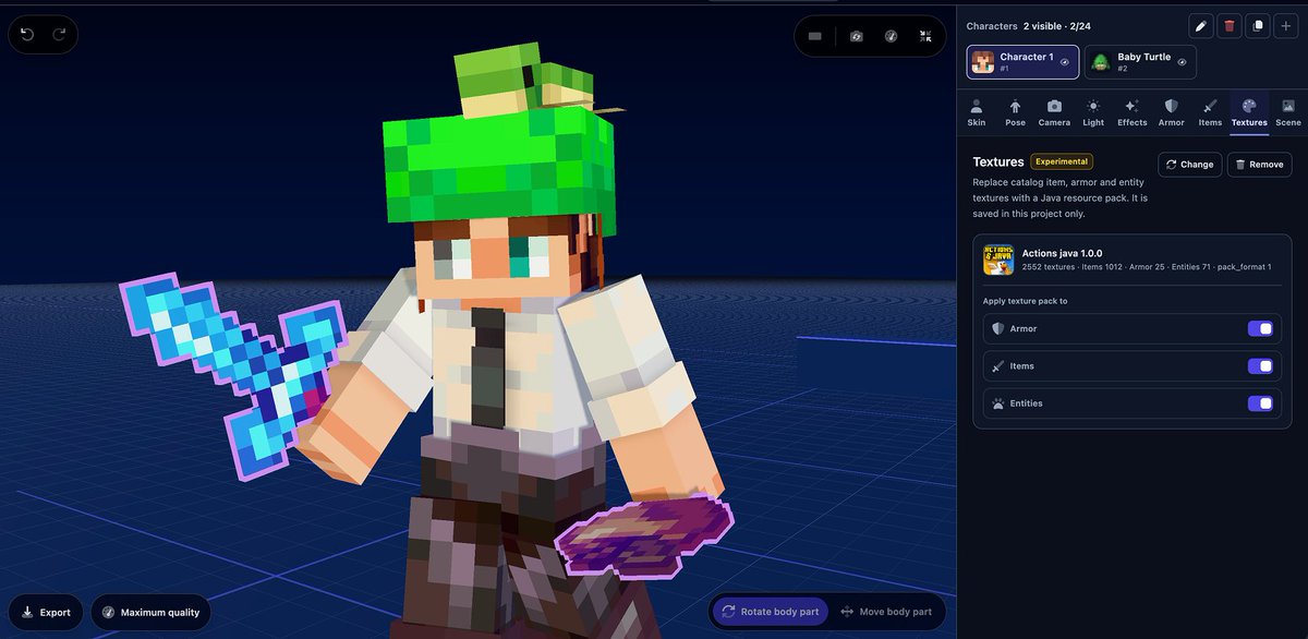 mineutils's tweet photo. New features
140 entities with texture variants
Support for 1,538 more items
Fixed item positioning to better fit in the character's hand
Enchanted item outlines
Experimental support for Java texture packs (.zip)
New keyboard shortcut: Shift + Left Click selects the entire entity https://t.co/IvOEBJ5IVu
