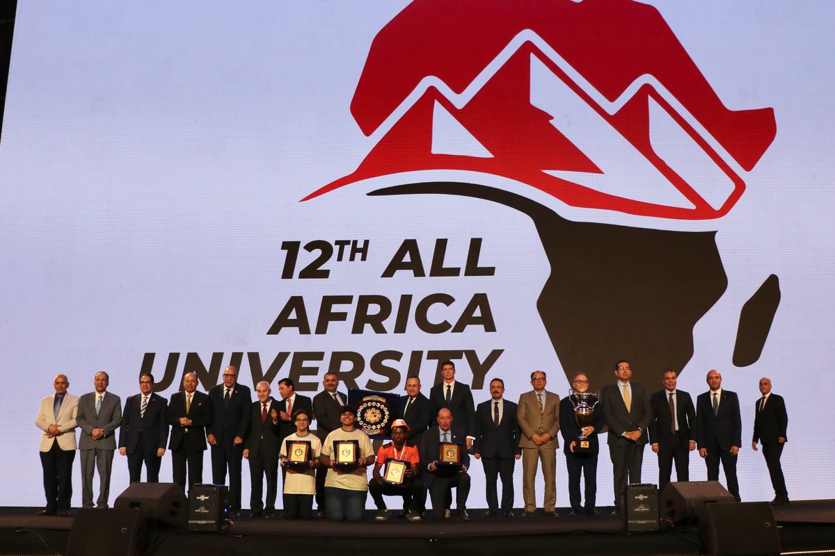 AUC's tweet photo. AUC is African Champion again. 🏆🌍

After finishing 1st among 81 universities, AUC secured its third consecutive All-Africa University Games title. At the closing ceremony, Minister Dr. Abdelaziz Konsowa presented the trophy to AUC President Ahmad Dallal. https://t.co/i6w2N83kWM