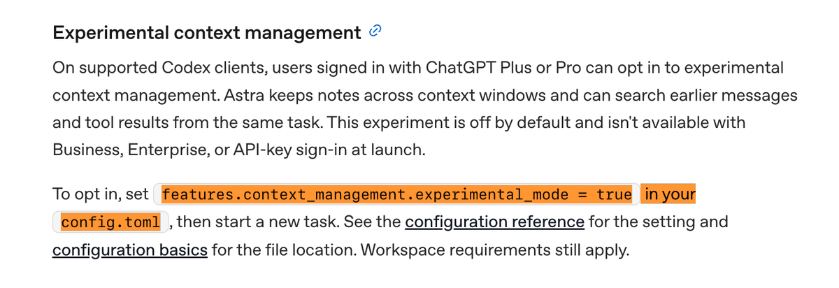 Codex experimental context-management screenshot showing the features.context_management.experimental_mode = true setting and support note for Plus or Pro users on supported clients