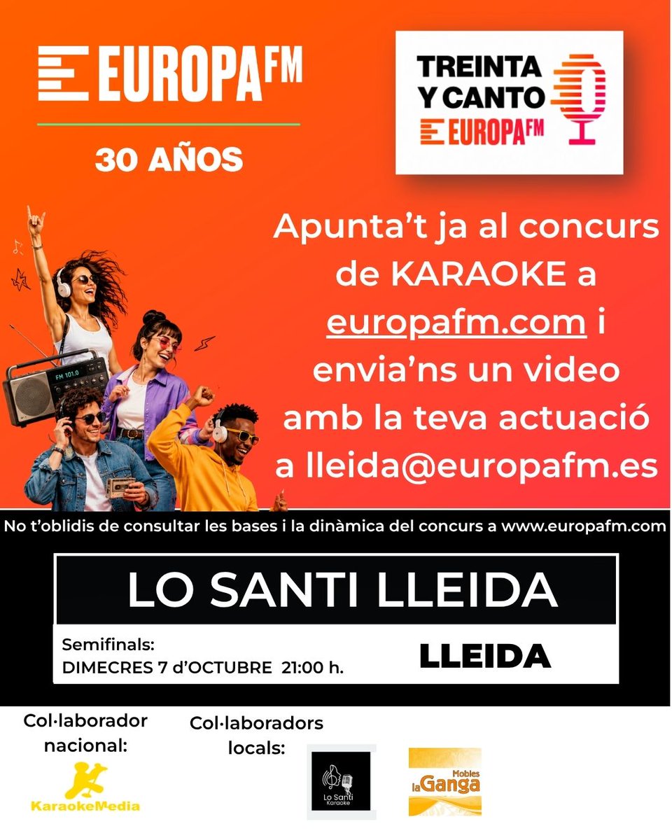 OndaCeroLleida's tweet photo. 🎤 Europa FM busca l’estrella del karaoke!
Participa a #TreintaYCanto, pels 30 anys d’Europa FM.

Envia el teu vídeo cantant a lleida@europafm.es. 

Semifinal a Lleida: 7 d’octubre, Lo Santi Lleida. 

Consulta les bases: https://t.co/tIRTRptJEC https://t.co/yAoA3wgxlS
