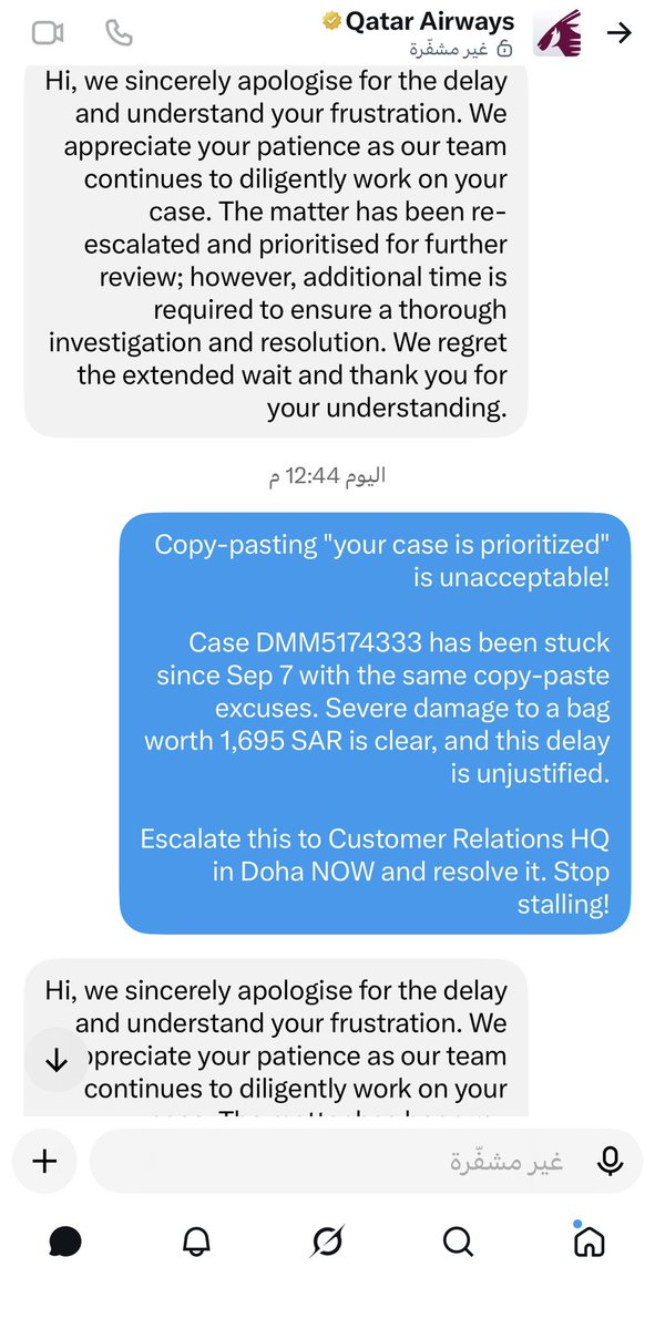 gnoone_24's tweet photo. @qatarairways @GACACare @ksagaca @QatarAirways @qatarairwaysar
تك��ار نفس الرد التلقائي من 7 سبتمبر ليس حلاً! 

البلاغ رقم DMM5174333 يخص تلف كامل لشنطة سعرها 1,695 ريال، وتأخيركم غير مبرر. 

أطالب بتصعيد الملف الآن لـ HQ بالدوحة وإفادتي بتاريخ محدد لحسم التعويض، بسنا مماطلة! https://t.co/j23HLhAJ47