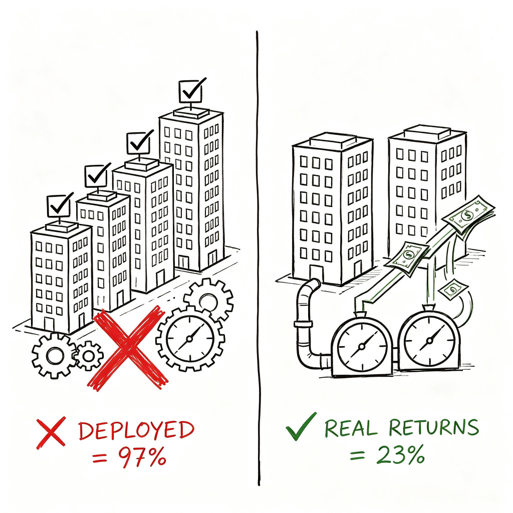 tttbowen's tweet photo. 97% of enterprises deployed AI agents but only 23% report real returns - in 2026 adoption is a checkbox and ROI is the actual product. https://t.co/Mw2bp5kvgM