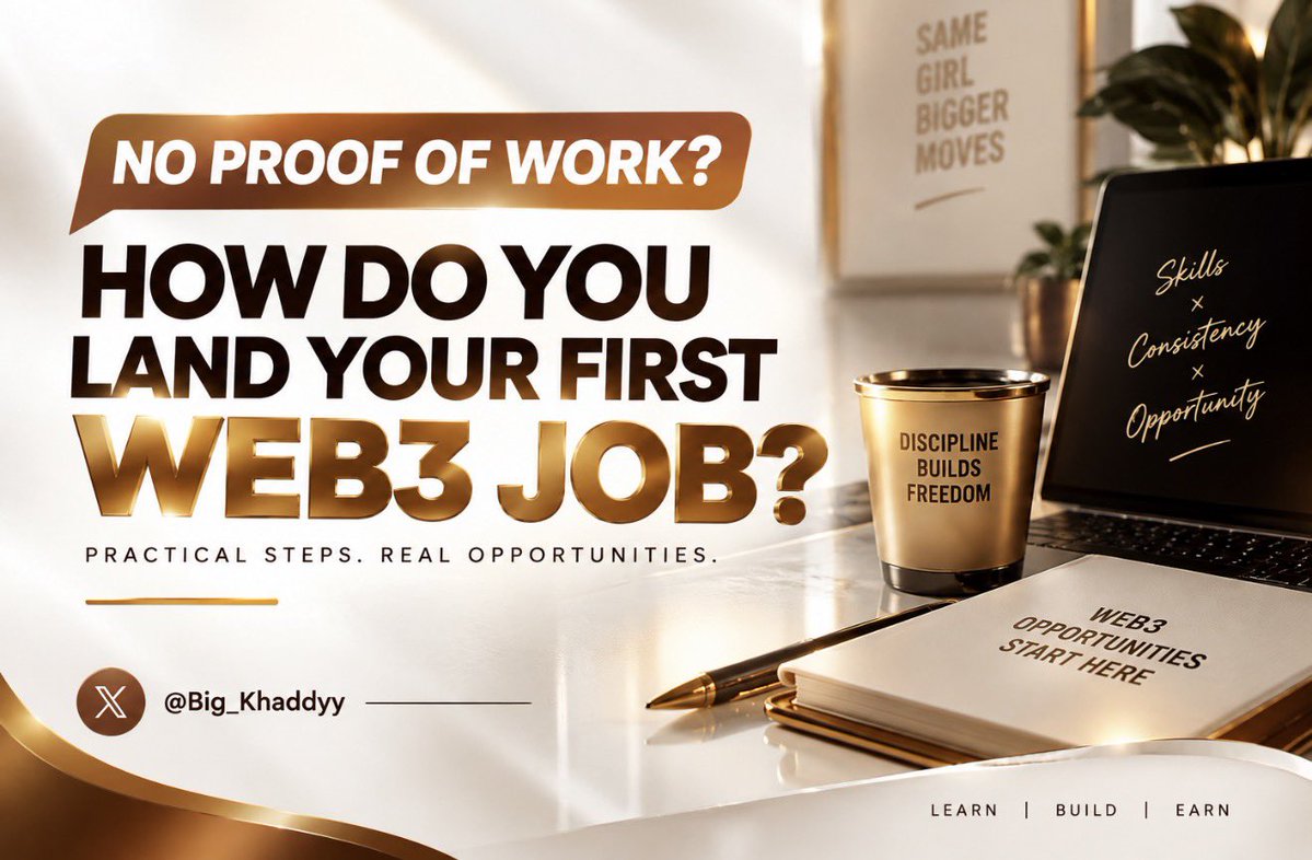 Big_khaddyy's tweet photo. 𝐍𝐎 𝐏𝐑𝐎𝐎𝐅 𝐎𝐅 𝐖𝐎𝐑𝐊? 𝐑𝐄𝐀𝐃 𝐓𝐇𝐈𝐒❗️

You don’t need a Web3 job to start building experience.

You need to start doing the work 𝐁𝐄𝐅𝐎𝐑𝐄 someone pays you for it.

Want your first Web3 job?

→ Pick ONE skill

Choose one skill and become visibly good at it.

→ Create 3–5 sample works [Create your own Proof]

→ Document them publicly

→ Build a simple portfolio

→ Find projects with actual problems

→ Pitch them with solutions, not “please hire me”

→ Start with small gigs, bounties & community roles

→ Turn every small win into proof

Your X account can literally become your CV.

Stop waiting for someone to “give you experience.”

𝐂𝐫𝐞𝐚𝐭𝐞 𝐭𝐡𝐞 𝐞𝐱𝐩𝐞𝐫𝐢𝐞𝐧𝐜𝐞. 
𝐒𝐡𝐨𝐰 𝐭𝐡𝐞 𝐞𝐱𝐩𝐞𝐫𝐢𝐞𝐧𝐜𝐞. 
𝐆𝐞𝐭 𝐩𝐚𝐢𝐝 𝐟𝐨𝐫 𝐭𝐡𝐞 𝐞𝐱𝐩𝐞𝐫𝐢𝐞𝐧𝐜𝐞.

If you want to know the other aspect of bagging your first pay from web3 jobs in 1month;

Turn on notis 🔔 & join the job hunting channel for full disclosure.