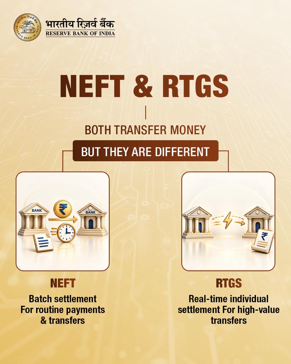 RBI's tweet photo. They may seem similar, but when it comes to moving money, the difference matters. NEFT and RTGS both facilitate fund transfers, but they follow different settlement mechanisms. Know your digital banking better.

#RBI #NEFT #RTGS #DigitalPayments #FinancialLiteracy https://t.co/MNdcbgJm3S