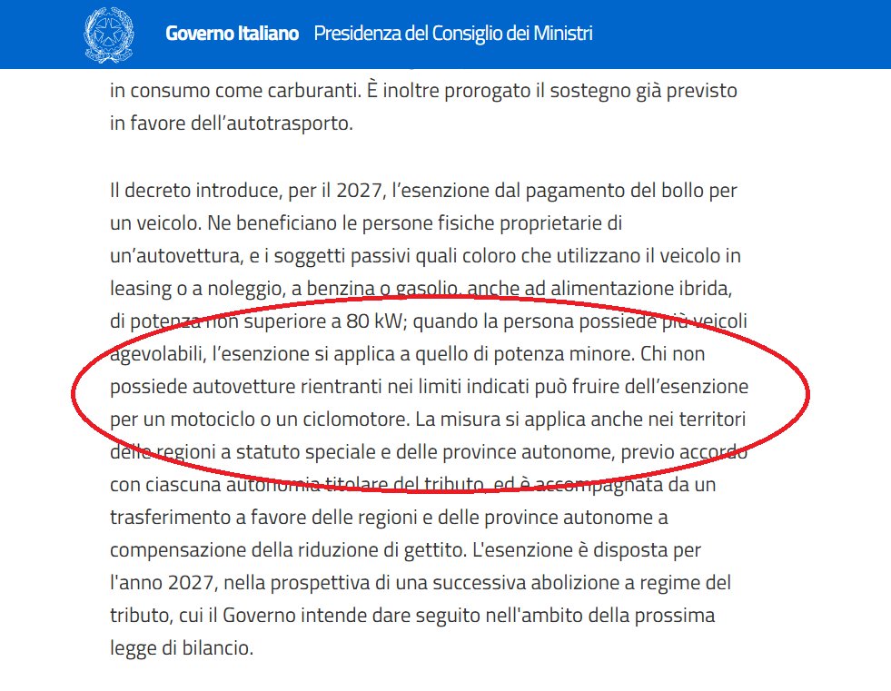 AndyMikel's tweet photo. @DrApocalypse @verkvaradedo Leggiti il decreto. L'esenzione sulle moto VALE UNICAMENTE SE NON HAI UN'AUTO sotto gli 80Kw. https://t.co/NKWNgNU5qR