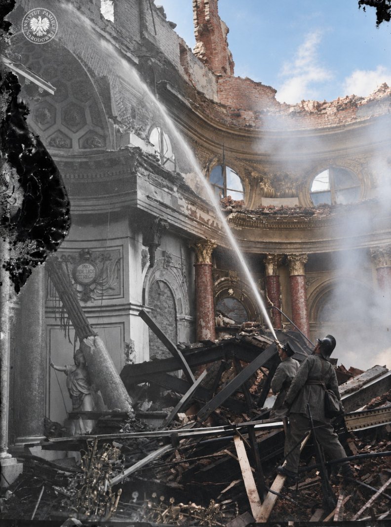 ipngovpl_eng's tweet photo. When the Royal Castle burned

September 17, 1939 was a grim day for Poland. It is remembered for the infamous Soviet aggression, which dramatically altered our country’s fate during World War 2. However, on the very same day, Warsaw suffered yet another blow.

The Germans had been bombing the capital ruthlessly since the beginning of the war; the air raid of September 17 is often described as one of the most intense. A bomb hit the Royal Castle – a historical object which once was a seat of the Kings of Poland. Around 11 AM, a massive fire broke out, consuming a huge part of the castle. After the Germans took over Warsaw, they stole the remaining artwork that used to adorn the castle’s walls. Before that happened, the Poles tried to stop the destruction of such an symbolic object.

📷The picture below presents two firefighters extinguishing a fire in the vault of the Great Hall (Ballroom) at the Royal Castle in Warsaw.  One can see remnants of the old decor, sculptures and columns. Despite being overshadowed by rubble and gaping holes, their beauty remains striking. This photograph also managed to capture something else: bravery and desperation of the firefighters, who tried everything they could to save whatever was left after the German air raid.

📷To add to that, the scan shows visible signs of damage of the original camera reel; it almost looks as if the photograph was supposed to perish, yet survived against all odds.

The full war story of the Royal Castle in Warsaw will be posted later this month.