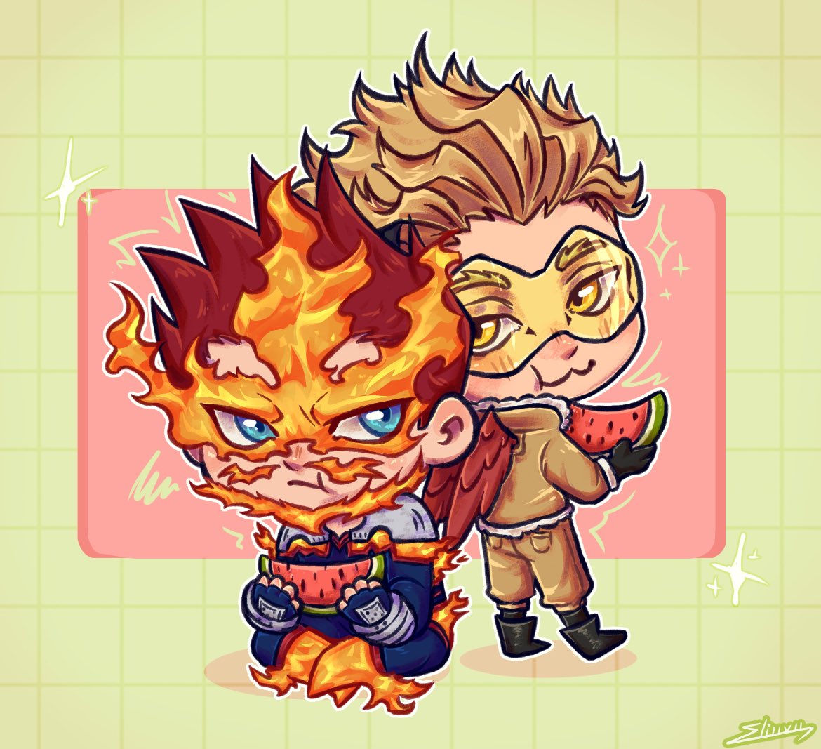 keigo_brainrot's tweet photo. ~omg guys it watermelon 🍉 season grab your bestie and have a slice 

🧑‍🎨🎨~ Fanart by @/_EliUvU 
#fanart #mha #watermelonbesties #EnHō ✨🫶🏻🥹🍉 https://t.co/fpDvvRICKo