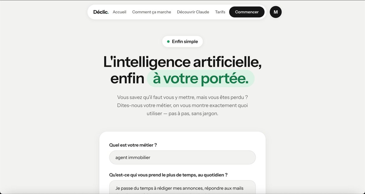 Rose_vui7's tweet photo. JOUR 1 : BUILD IN PUBLIC

Ce matin, chantier dans le cerveau de Déclic 🧠

J’y ajoute les connecteurs et plugins, avec les MCP intégrés et personnalisés. L’objectif : enrichir les parcours avec ces possibilités, tout en gardant des étapes simples à suivre. 

Les connecteurs et plugins permettent de connecter les outils du quotidien ( Gmail, slack, salesforce etc )
directement dans l’IA pour automatiser 

Déclic, c’est une plateforme pour apprendre à utiliser l’IA aux 40-50 ans dans son quotidien, sans jargon. 

Tu renseignes ton métier et tes tâches quotidiennes, et tu obtiens un parcours personnalisé, pas à pas.
