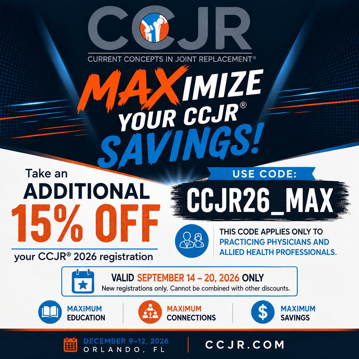 HipSocKneeSoc's tweet photo. CCJR® 2026:  MAXimize Your Savings!
Leading hip and knee surgeons tackle the clinical decisions that generate real debate in practice. This is arthroplasty education designed for participation.
FOR A LIMITED TIME:  Use promo code CCJR26_MAX https://t.co/iyUcvBNWVB https://t.co/0HJXyoFLd1