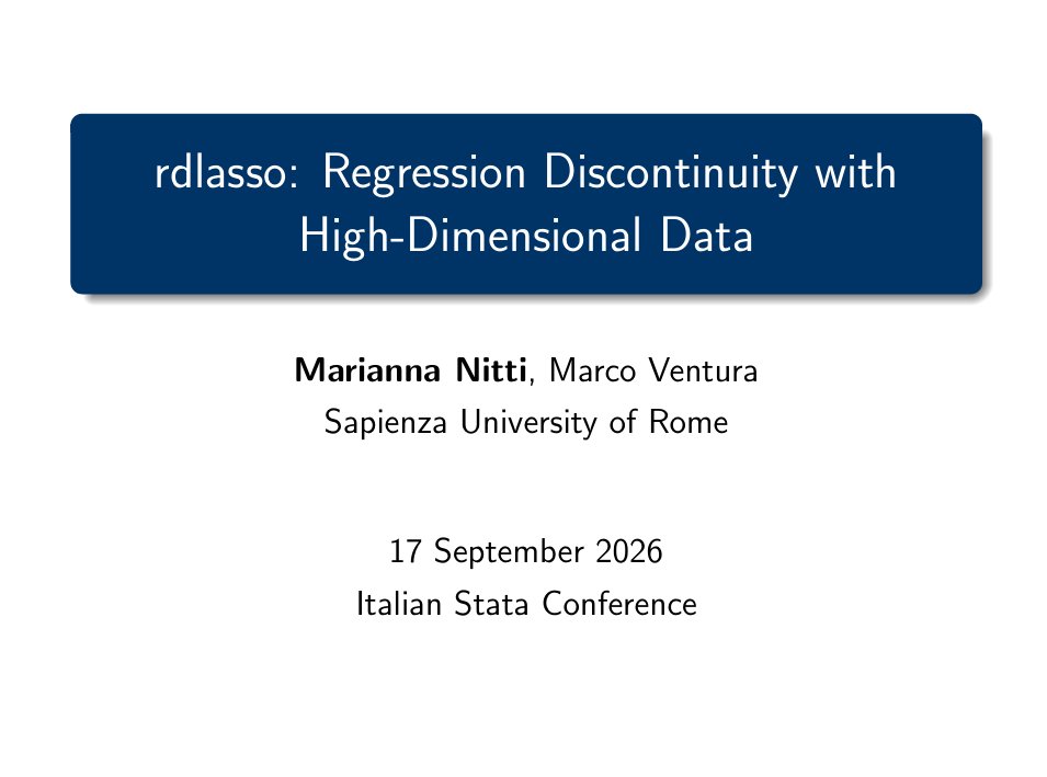 TStatSrl's tweet photo. Marianna Nitti currently illustrating how her @stata community command rdlasso, developed with Marco Ventura, enables #stata users to include highdimensional covariates in Regression Discontinuity Design (#RDD) settings. rdlasso automates covariate selection using #Lasso-based procedures, supports both sharp and fuzzy settings and integrates seamlessly with rdrobust for bandwidth selection and inference. Their command relies on Stata’s native implementation of lasso for high-dimensional covariate selection and on rdrobust for bandwidth selection, estimation, and inference. In-depth presentation at: https://t.co/gGCzAzow26