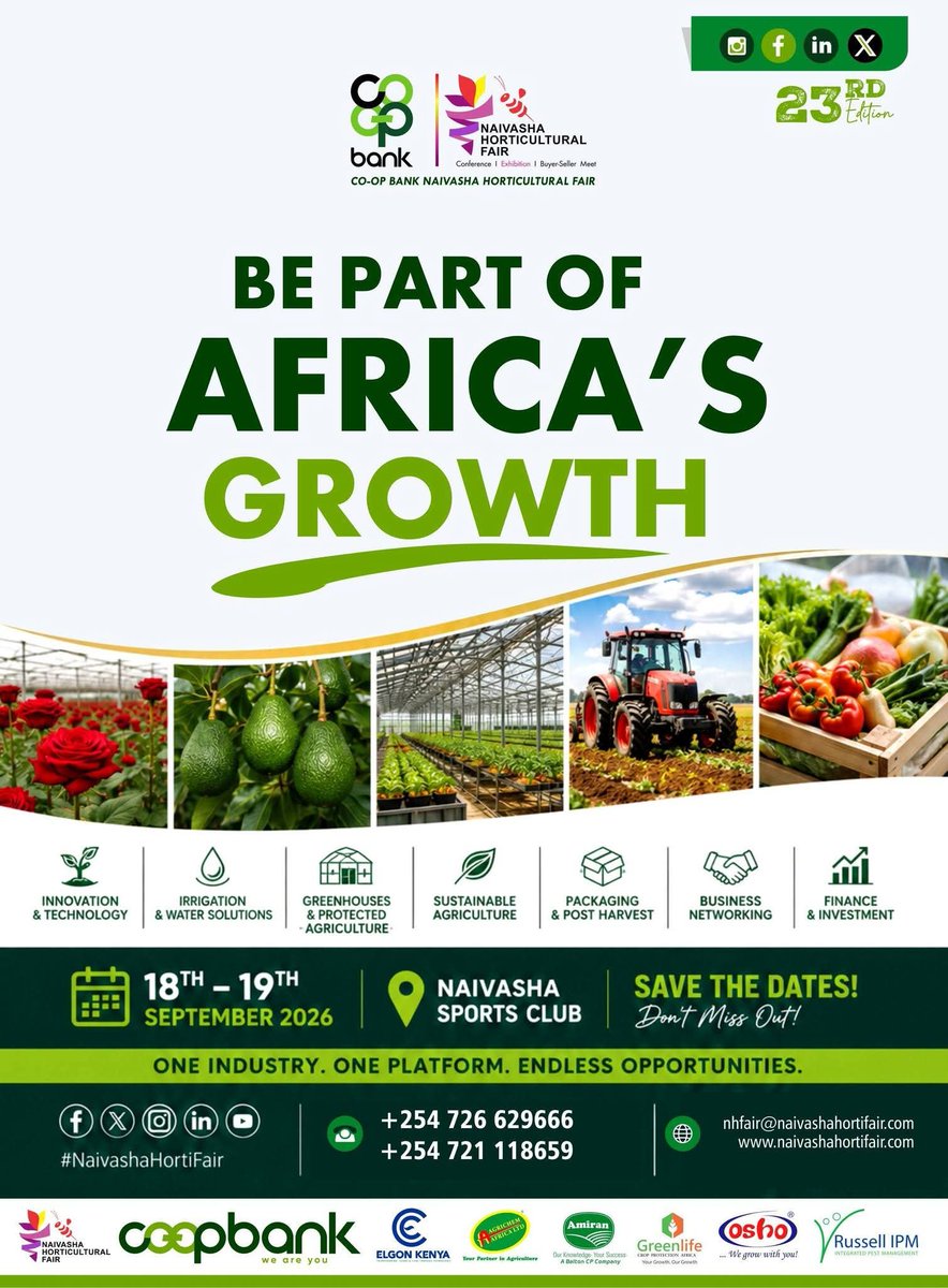 Sherehe_Plug's tweet photo. π± #Naivasha #AgriBusiness
23RD EDITION. ARE YOU READY?
@Coopbankenya's Naivasha Horticultural Fair brings the industry together, one platform, endless opportunities.
π
18-19 Sept
π Naivasha Sports Club
π https://t.co/8btlnRYh0k
@patanaivasha
#SherehePlug https://t.co/Fkk6uTqTrr