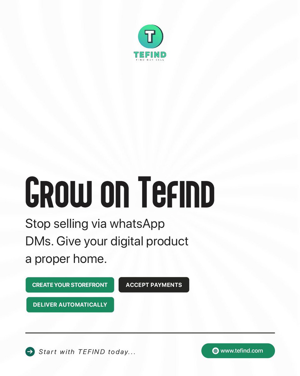 tefind_app's tweet photo. Turn your ideas into a storefront in a minute.
Everything you need, all in one place.

Easy to navigate.
Simple to understand.
Quick to use.

TEFIND keeps the experience simple.

Get started at https://t.co/jUfJJvFqVJ

#Digitalproducts #NigeriaContentCreators #TEFIND #SellOnline https://t.co/svSg53Vic4