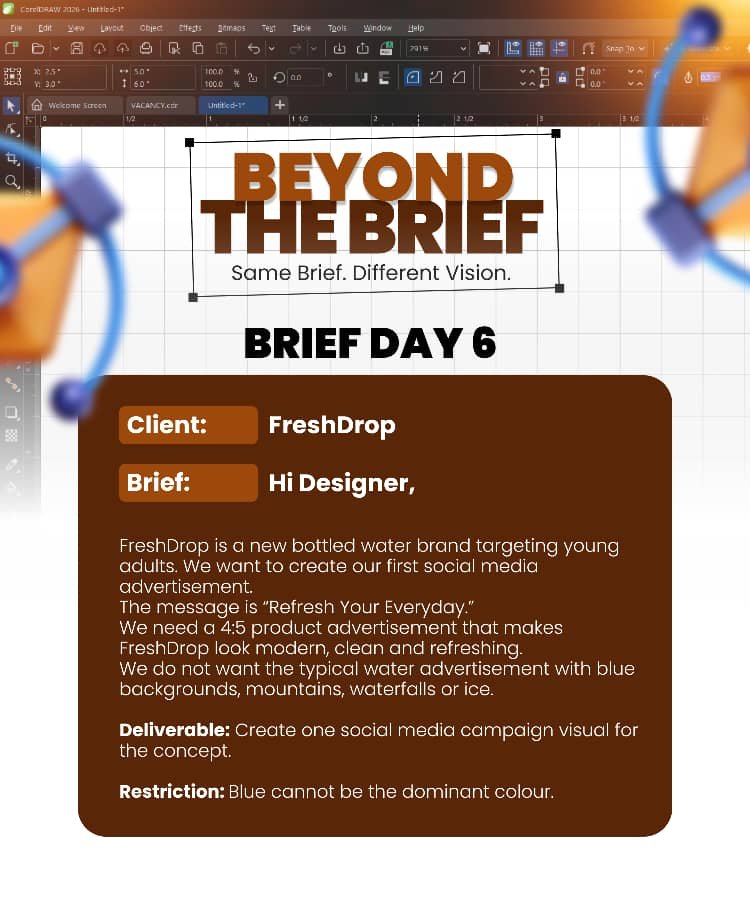 NuvahD's tweet photo. Day 6 — Beyond the Brief
Refresh Your Everyday.
A clean, modern take on staying refreshed through the day. 

#BeyondTheBrief #GraphicDesign #FreshDrop #DesignChallenge https://t.co/oMnAYtMNvC