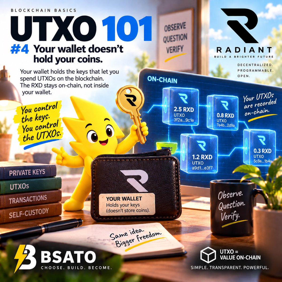 BSATOrxd's tweet photo. Your wallet doesn’t hold your coins. ⚡

It holds the keys that let you spend your UTXOs.

You control the keys.
You control the UTXOs.

Observe. Question. Verify.

#BSATO #UTXO #Radiant https://t.co/tqOLKExRvG