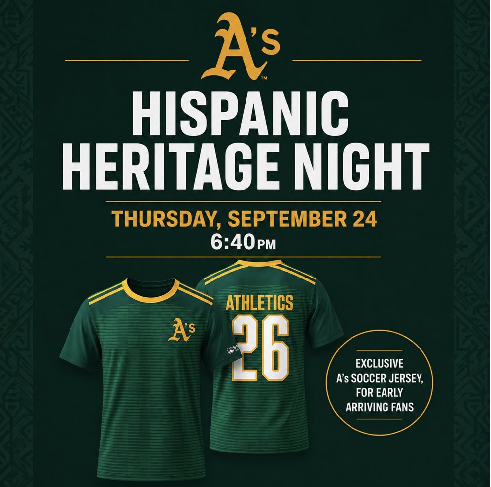 _touchedbybre's tweet photo. Celebrate Hispanic heritage, culture and community at the ballpark, featuring an exclusive A’s soccer jersey available to early-arriving fans while supplies last.

#Ashispanic2026 #ad #paidpartnership https://t.co/d7kIdGFhZV