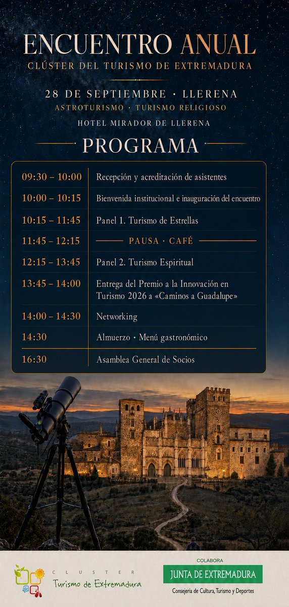 extremadura_tur's tweet photo. 🤝 Encuentro Anual del Clúster del Turismo de #Extremadura
🗓️ 28 de septiembre de 2026
📍 Hotel Mirador de Llerena (#Llerena, Badajoz)

Con paneles sobre Turismo de Estrellas ⭐ y Turismo Espiritual ✝️

¡Apúntate! Inscripciones hasta el 21/09 👇
https://t.co/qz3U68tb4i https://t.co/vMSM9YtHDs