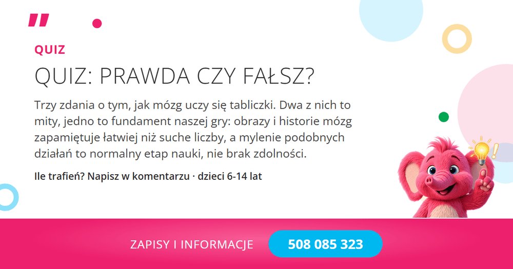 DobreRelacje's tweet photo. ✅❌ Prawda czy fałsz: mózg zapamiętuje obrazy i historie łatwiej niż suche liczby?

Prawda. Dlatego w naszej grze każdy wynik tabliczki mieszka we własnej opowieści, a dzieci uczą się grając, nie wkuwając.

Ile mieliście trafień w dzisiejszym quizie?

📞 508 085 323 https://t.co/L7S34tinAK