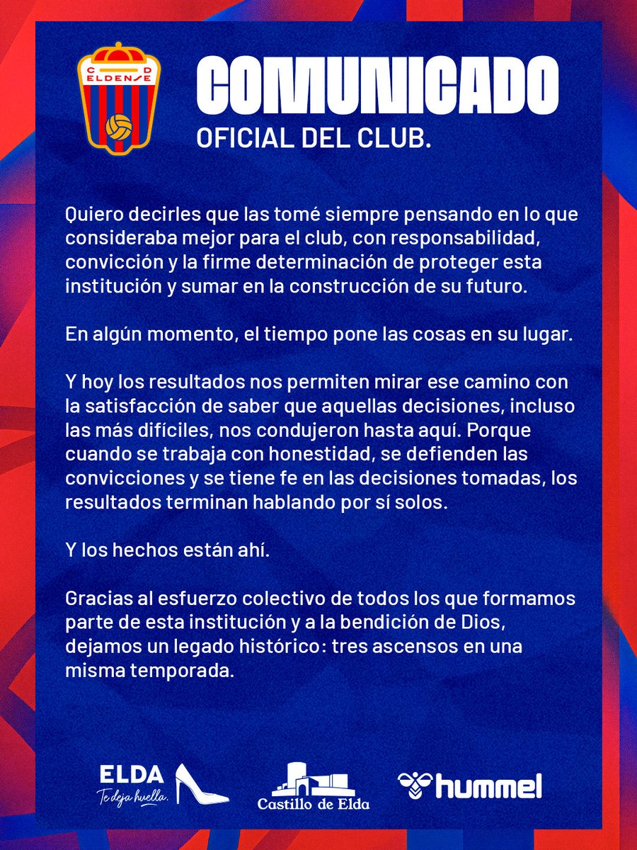 CD_Eldense's tweet photo. 📯 COMUNICADO OFICIAL
El #CDEldense informa de que Carolina Holguín Tafur ha finalizado su etapa como presidente del Club Deportivo Eldense.

Bajo su liderazgo, la institución ha vivido un ciclo histórico caracterizado por la consecución de tres ascensos en una misma temporada, devolviendo al primer equipo al fútbol profesional en LaLiga Hypermotion, además de consolidar los proyectos del equipo femenino y del filial a Tercera Federación.

El Club Deportivo Eldense quiere expresar su más sincero agradecimiento a Carolina Holguín Tafur por su dedicación, compromiso y el trabajo realizado durante este tiempo al servicio del escudo y de la ciudad de Elda.

La entidad le desea la mayor de las suertes en sus futuros proyectos personales y profesionales, reconociendo su contribución a la historia centenaria de nuestro club.

#AupaDeportivo