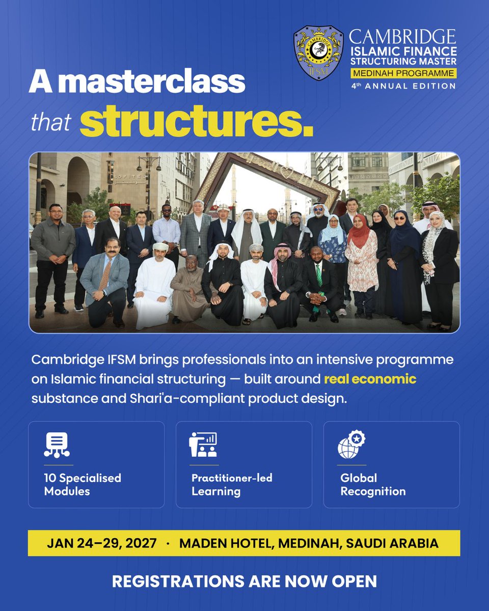 cambridgeifa's tweet photo. ๐ Maden Hotel, Medinah, Saudi Arabia
๐๏ธ January 24โ29, 2027
๐ฅ๐ฒ๐ด๐ถ๐๐๐ฟ๐ฎ๐๐ถ๐ผ๐ป๐ ๐ฎ๐ฟ๐ฒ ๐ป๐ผ๐ ๐ผ๐ฝ๐ฒ๐ป: https://t.co/gXaCdR7SS4
#IFSM #CambridgeIFA #IslamicFinance #FinancialStructuring https://t.co/7Q1z0xgRQo