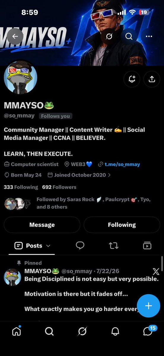 Mmayso01's tweet photo. Gm CT.

My X account @so_mmay has been compromised through my email account, which was hacked earlier. I (MMAYSO) no longer have access to the account. 

💔Sad, but that's what's up.

Please be aware! ⚠️ https://t.co/5v9dfAiT2L