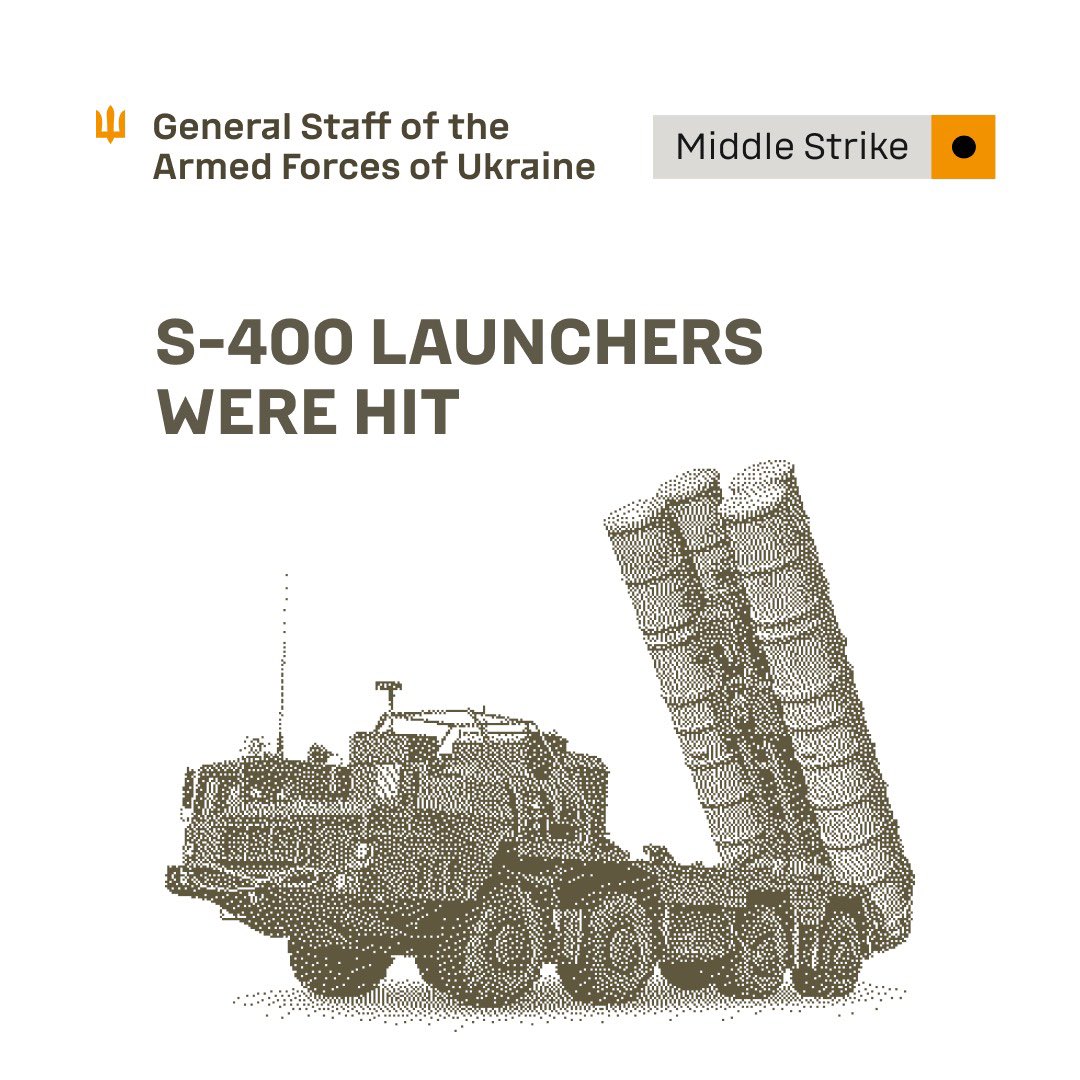 GeneralStaffUA's tweet photo. ⚡️⚡️ S-400 launchers, attack UAV launch site and enemy logistics facilities hit

On 16th September and during the night of 17th September 2026, units of the Defence Forces of Ukraine struck a number of important military targets of the russian aggressor.

In the area of Vyhonychi, Bryansk region, russian federation, two launchers of the S-400 surface-to-air missile system were hit.

In the area of Donetsk, a site used by the enemy for the storage, preparation and launch of attack UAVs was hit.

Enemy logistics and supply depots were hit in Kurakhivka and Nova Mariivka, Donetsk region, as well as in Luhansk, Luhansk region.

Enemy personnel concentration areas were hit in Strilkove, Kherson region, and Druzhne, Luhansk region.

Operations against key military targets of the russian aggressor are ongoing.

To be continued! 💥
Glory to Ukraine! 🇺🇦