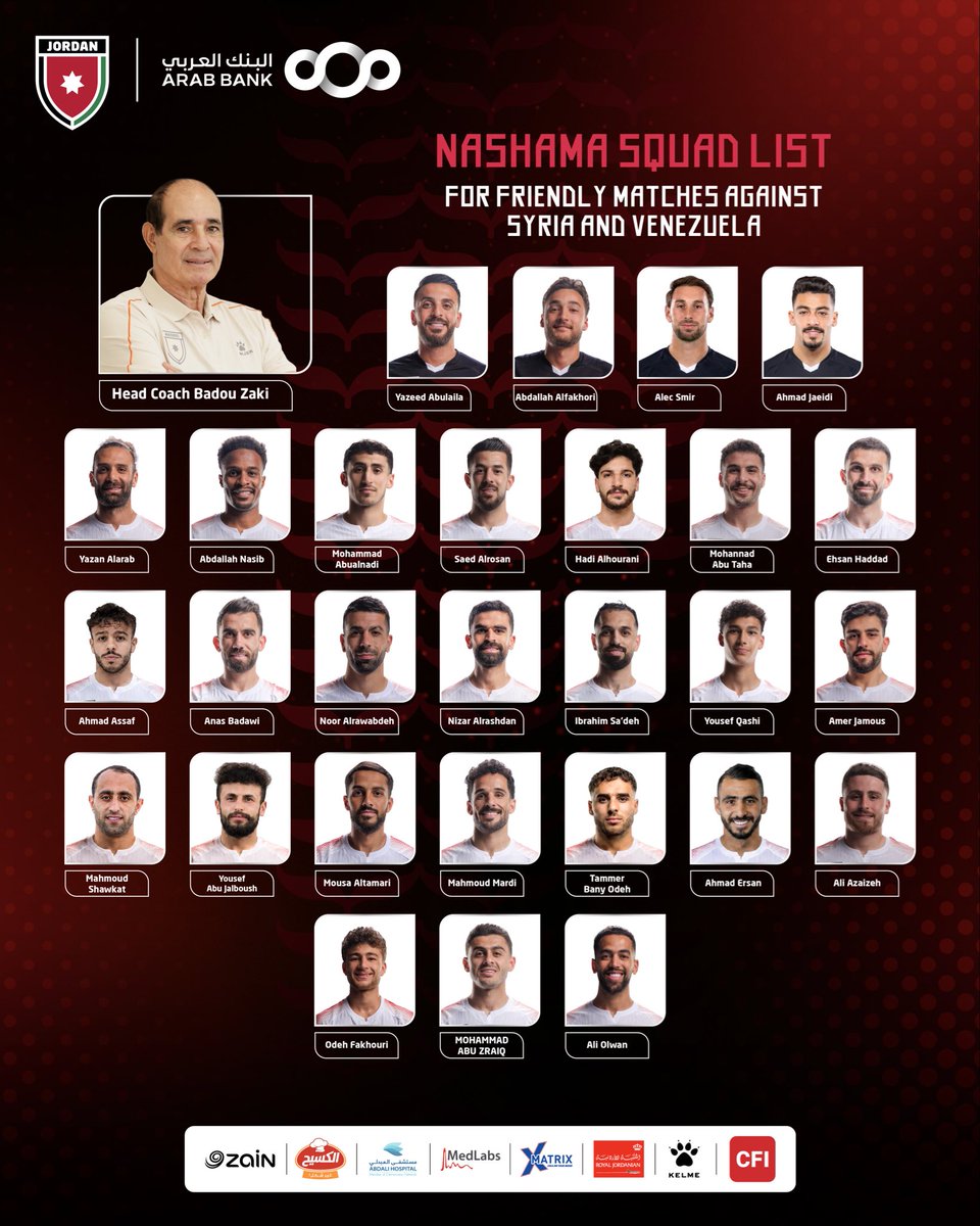 JordanFA's tweet photo. قائمة منتخب النشامى 🇯🇴 لمواجهتي سوريا وفينزويلا وديا 🤝

𝐍𝐚𝐬𝐡𝐚𝐦𝐚 𝐒𝐪𝐮𝐚𝐝 𝐋𝐢𝐬𝐭 𝐟𝐨𝐫 𝐅𝐫𝐢𝐞𝐧𝐝𝐥𝐲 𝐌𝐚𝐭𝐜𝐡𝐞𝐬 𝐀𝐠𝐚𝐢𝐧𝐬𝐭 𝐒𝐲𝐫𝐢𝐚 𝐀𝐧𝐝 𝐕𝐞𝐧𝐞𝐳𝐮𝐞𝐥𝐚

#معك_يالنشمي https://t.co/fwE2VwLBEr