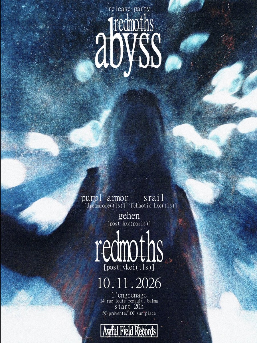 redmoths_'s tweet photo. REDMOTHS RELEASE PARTY  
10 Novembre 2026

🔹L’engrenage - 14 Rue Louis Renault - Balma  
⏳Start 20h  
💰5€ préventes | 10 € sur place (cash only)
https://t.co/38aeJinqG8 https://t.co/kfSKmEd0BY