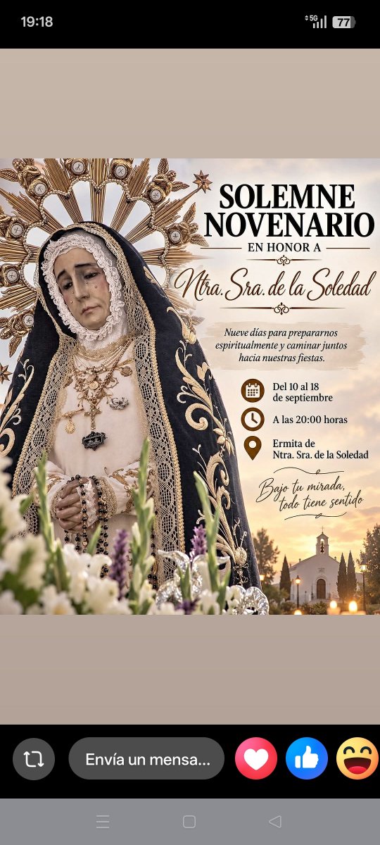 HdadVSoledad's tweet photo. 🌹 SOLEMNE NOVENARIO EN HONOR A NUESTRA SEÑORA DE LA SOLEDAD 🌹

Lugar: Ermita Ntra. Sra. Soledad
Hora: 20:00h

📅 Hoy, jueves 17 de septiembre
🤍 Hermandad de Ntra. Sra. de la Soledad

#NuestraSeñoraDeLaSoledad #FuenteDePedroNaharro #FiestasPatronales2026 https://t.co/N9Dv7HTjOH