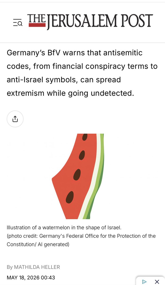 RakMakkabi's tweet photo. Das BfV stufte im Mai 2026 die Wassermelone in Form des israelischen Staatsgebiets als extremistisches Symbol im Kontext des säkularen Pro-Pali-Extremismus ein.
#B1709 
@BfV_Bund https://t.co/qd0RNWi927