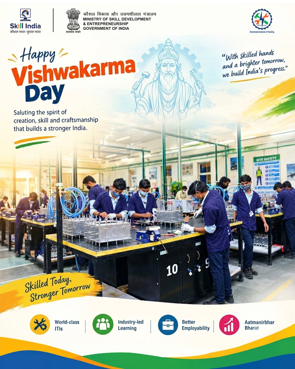 pm_setu's tweet photo. On #VishwakarmaDay, PM-SETU salutes the skilled hands shaping India’s future. Empowering youth through quality skilling, industry-led training, and better employability for a self-reliant India. 🇮🇳
#PMSETU #SkillIndia #ITIs #IndustryLedLearning #Employability #SkillDevelopment https://t.co/pPuxj0MG4O