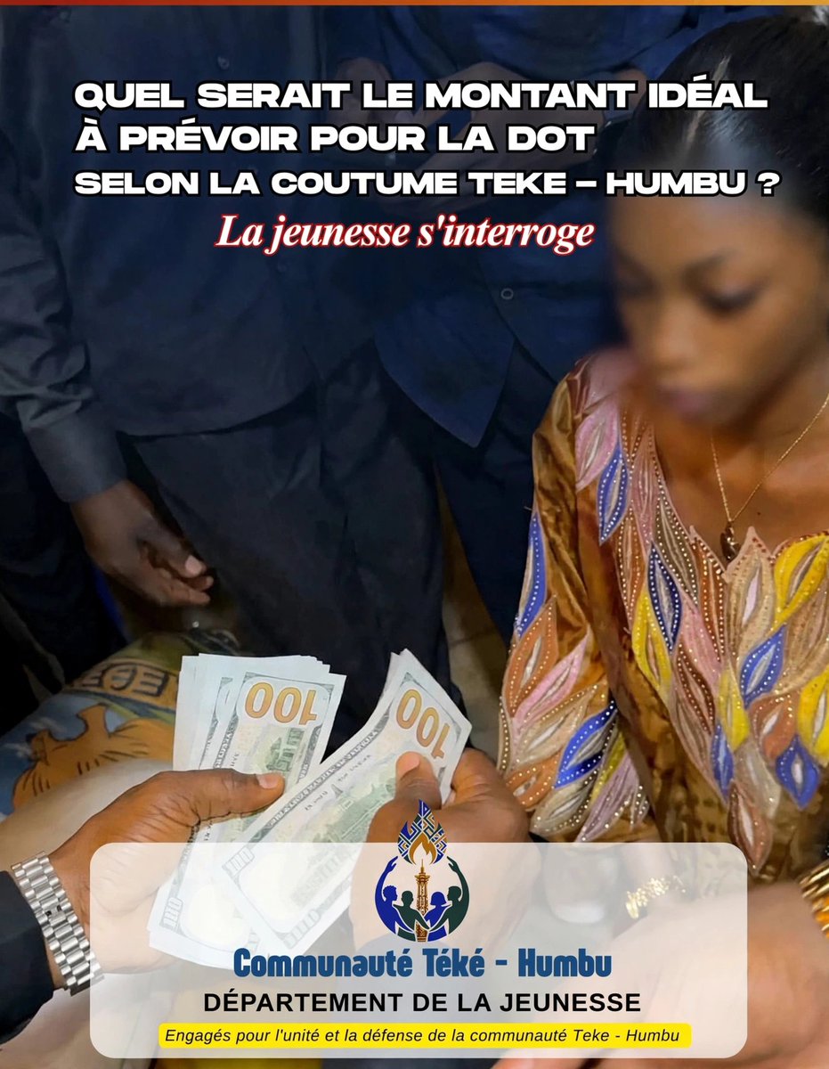 JTH_Kinshasa's tweet photo. Quel serait le montant idéal à prévoir pour la dot selon la coutume Téké-Humbu ?

La jeunesse s’interroge...

#JeunesseTékéHumbu https://t.co/9SO4im94m8