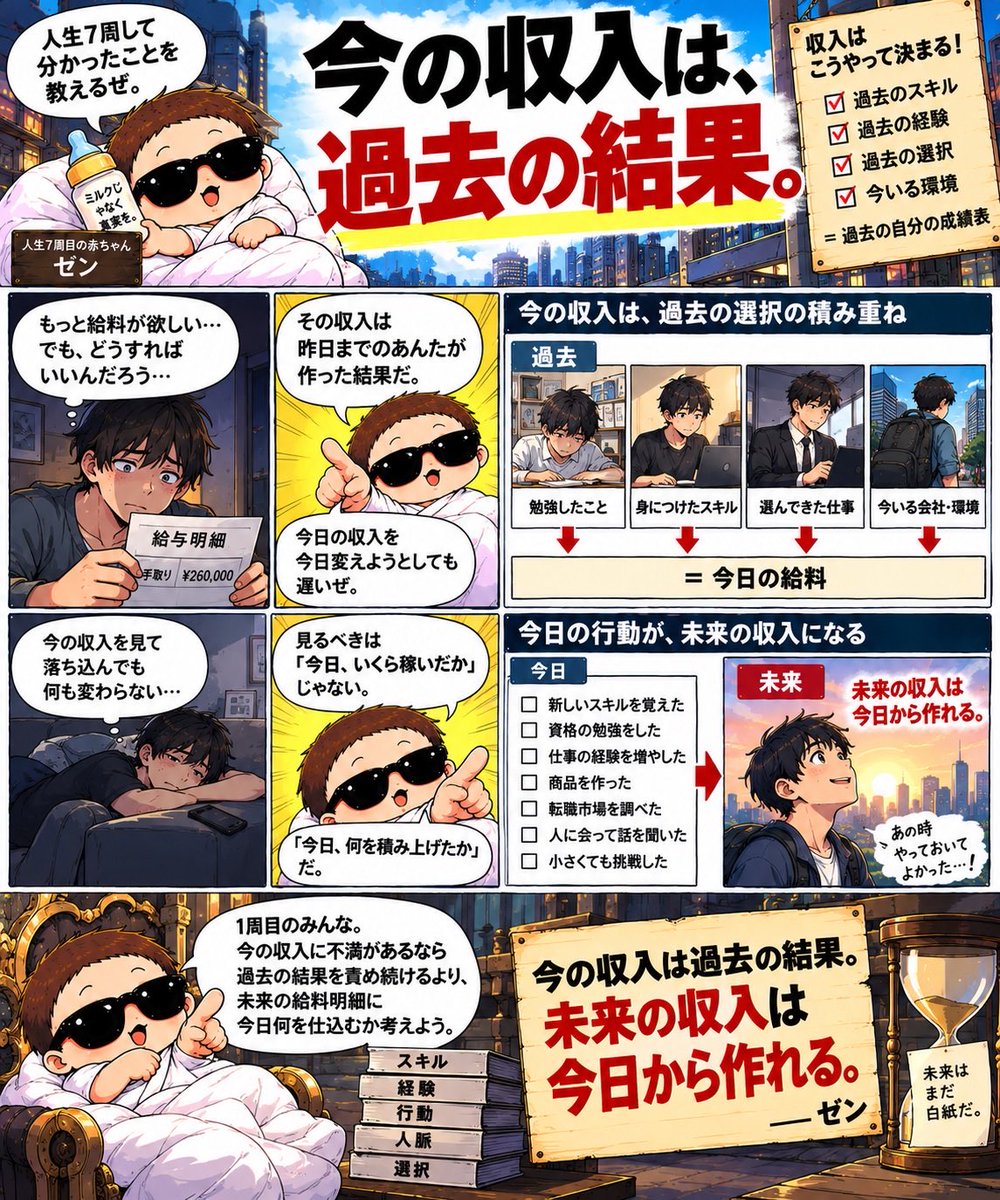 tensei_zen's tweet photo. 今の収入は、過去の結果。

「もっと給料が欲しい」

「年収を上げたい」

そう思ったとき

多くの人は今の給料を見る。

でも人生7周して思う。

今日の収入を、今日変えようとしても遅い。

今月の給料は

昨日までに身につけたスキル。

これまで選んできた仕事。

過去に作った実績。

今いる会社や環境。

そういう過去の選択が、

今日、数字になって振り込まれている。

つまり、

今の収入は——

「過去の自分の成績表」みたいなものだ。

だから、

通帳を眺めて落ち込んでも、

未来の収入は増えない。

見るべきなのは

今日いくら稼いだかではなく、
今日何を積み上げたか。

新しいスキルを覚えた。

資格の勉強をした。

仕事の経験を増やした。

商品を作った。

転職市場を調べた。

小さくても、

今日の行動はすぐ収入にならない。

でも

今日の行動が、未来の収入になる。

1周目のみんな。

今の収入に不満があるなら、

過去の結果を責め続けるより、

未来の給料明細に、今日何を仕込むか考えよう。

今の収入は過去の結果。

未来の収入は、今日から作れる。