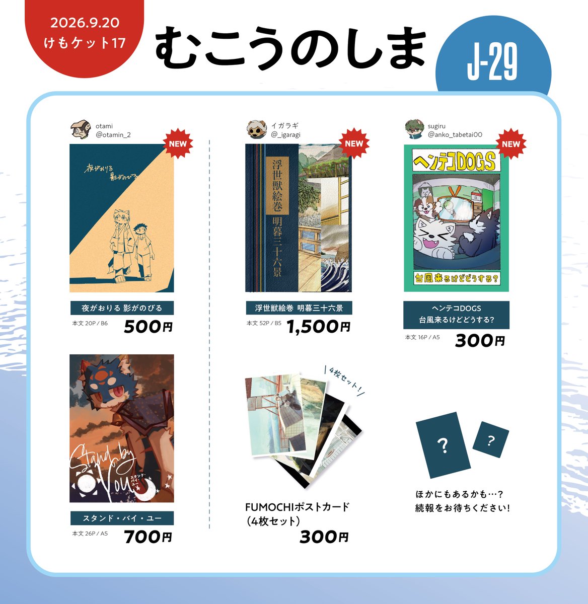 FUMOCHI_n's tweet photo. 📣けもケット17お品書き🎉

J-29 【むこうのしま】にて、
otami(#otamin_2)さん
イガラギ(#_igaragi)さん
sugiru(#anko_tabetai00)さん 
の3名の新刊の委託頒布させていただきます！

また、FUMOCHI一次創作イラストのポストカードもあります❗️
当日はよろしくどうぞ！

#けもケット17 https://t.co/X98N5YvxLg
