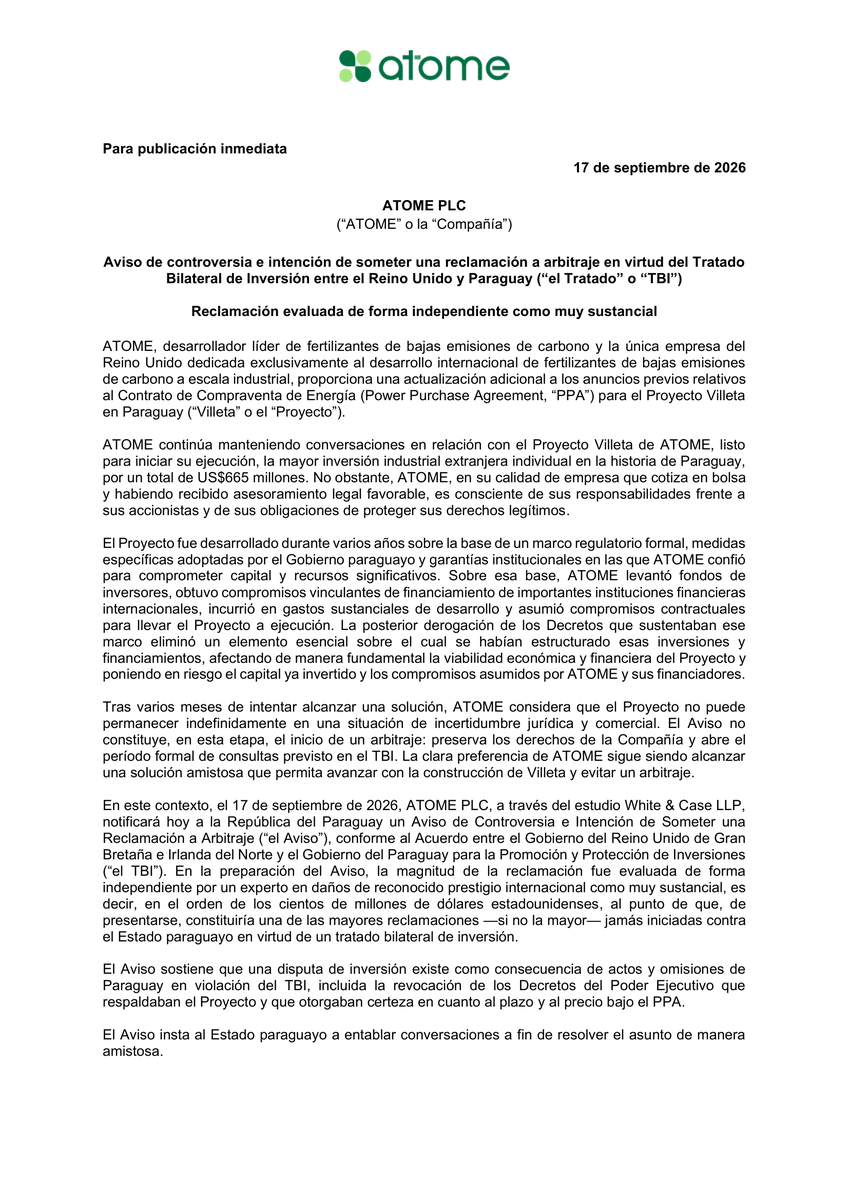 ATOME_Paraguay's tweet photo. ATOME PLC, a través del estudio White &amp; Case LLP, notificará hoy a la República del Paraguay un Aviso de Controversia e Intención de Someter una Reclamación a Arbitraje. https://t.co/jO5YsLWh58