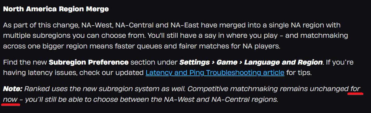 Reisshub's tweet photo. "Competitive matchmaking remains unchanged for now." 

Did they just confirm they're merging / changing NA servers? Presumably to NA East / West again