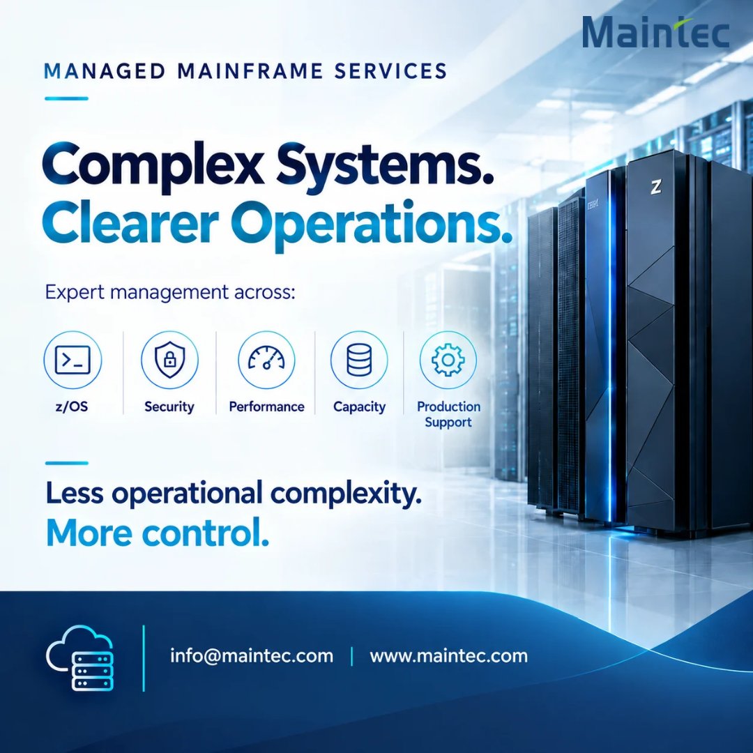 Maintec_Tech's tweet photo. We help identify performance bottlenecks, optimize resource utilization, strengthen operational controls, and keep critical workloads running reliably.

https://t.co/ITNKo77FE4

#Mainframe #ManagedMainframeServices #IBMZ #zOS #RACF #DB2 #CICS #Maintec https://t.co/PshlXwk3oj