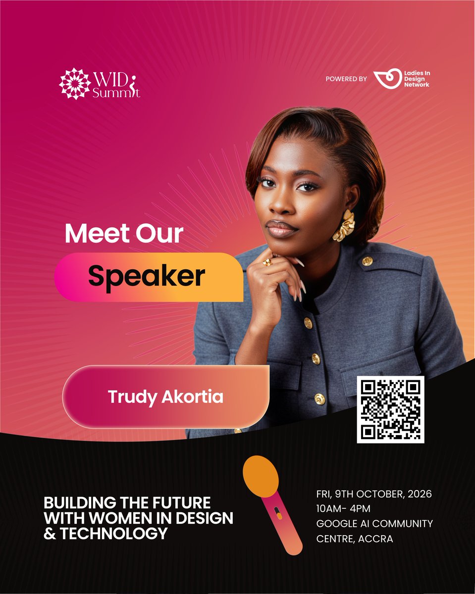 Lidn__'s tweet photo. Meet Trudy Akortia
Weβre excited to have Trudy Akortia joining us as a Speaker at #WIDS2026!
π Friday, 9th October 2026
π Google AI Community Centre, Accra
β° 10AM β 4PM
#WIDS2026 #WomenInDesignSummit #LadiesInDesignNetwork #WomenInDesign https://t.co/5tETzvNOvB