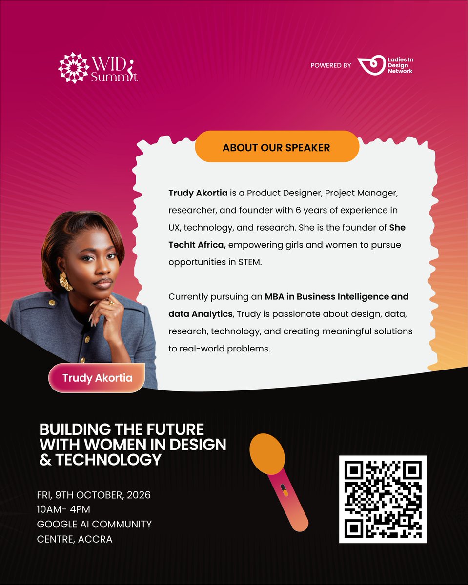 Lidn__'s tweet photo. Meet Trudy Akortia
Weβre excited to have Trudy Akortia joining us as a Speaker at #WIDS2026!
π Friday, 9th October 2026
π Google AI Community Centre, Accra
β° 10AM β 4PM
#WIDS2026 #WomenInDesignSummit #LadiesInDesignNetwork #WomenInDesign https://t.co/5tETzvNOvB