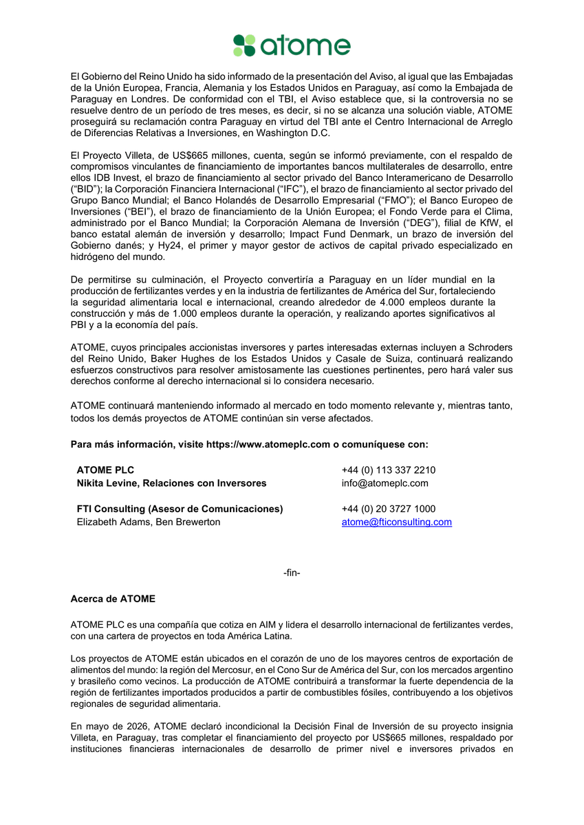 ATOME_Paraguay's tweet photo. ATOME PLC, a través del estudio White &amp; Case LLP, notificará hoy a la República del Paraguay un Aviso de Controversia e Intención de Someter una Reclamación a Arbitraje. https://t.co/jO5YsLWh58