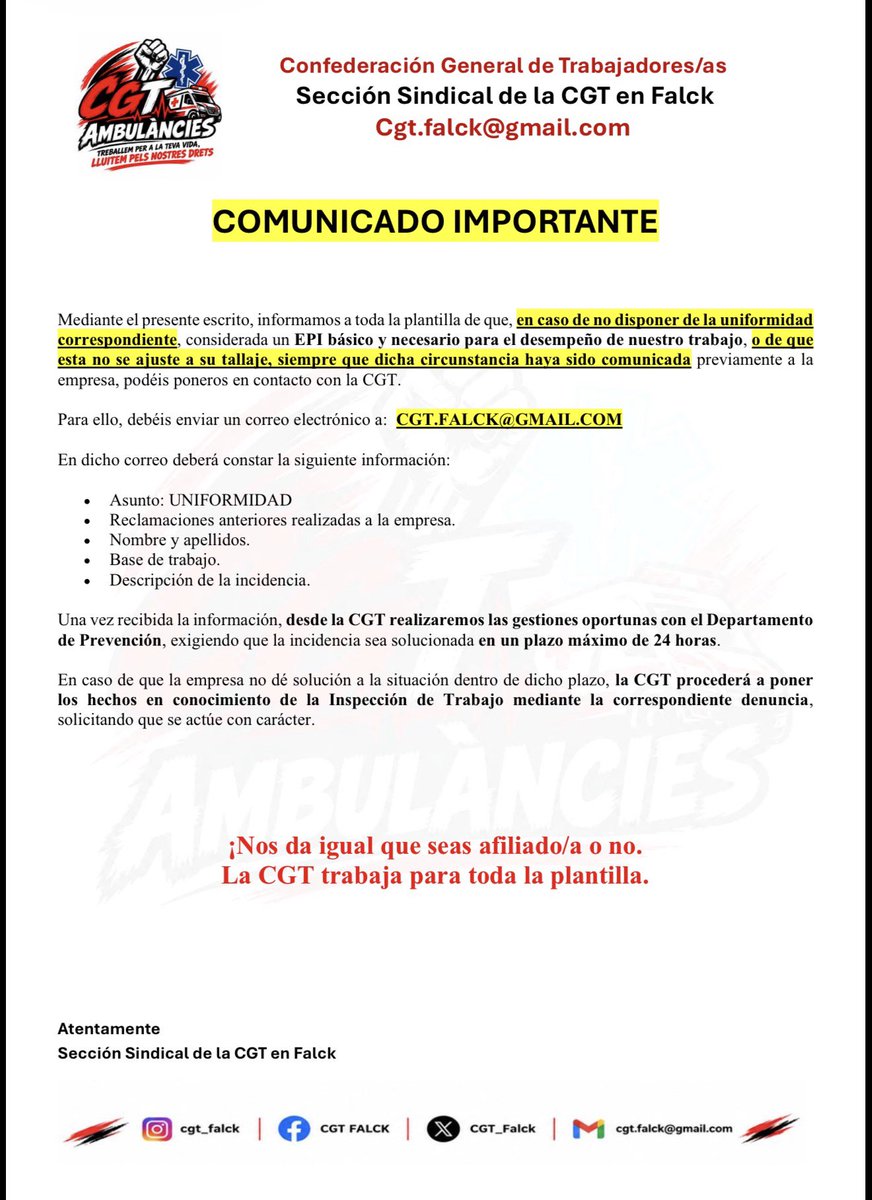 CGT_Falck's tweet photo. 🚨 ¿TIENES PROBLEMAS CON TU UNIFORMIDAD?

¿No te han entregado el uniforme?
¿Te falta alguna prenda?
¿La ropa que te han entregado no es de tu talla?
¿Has reclamado anteriormente y sigues esperando una solución? https://t.co/49E0MgecZW
