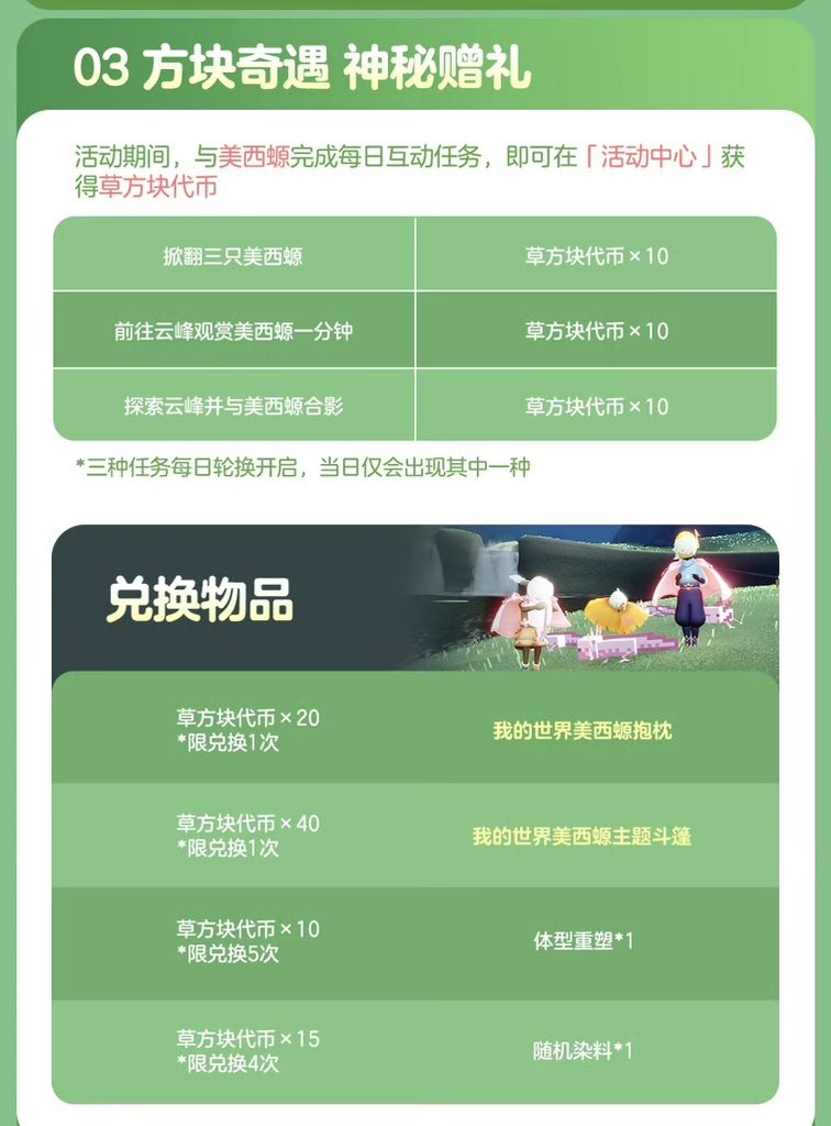 betachanlivo_o's tweet photo. #Sky中国サーバー光遇
イベントページ

毎日ログインでレコキャン1
孤島通過でノマキャン3、ランダム魔法
草原通過でハート3、ランダム魔法
雨林通過でリサドリ3、ランダム魔法
峡谷通過でマイクラ四角いお面
捨て地通過でマイクラで使える交換コード
書庫通過で欠片？とランダム魔法 https://t.co/FyMSr6uJVg