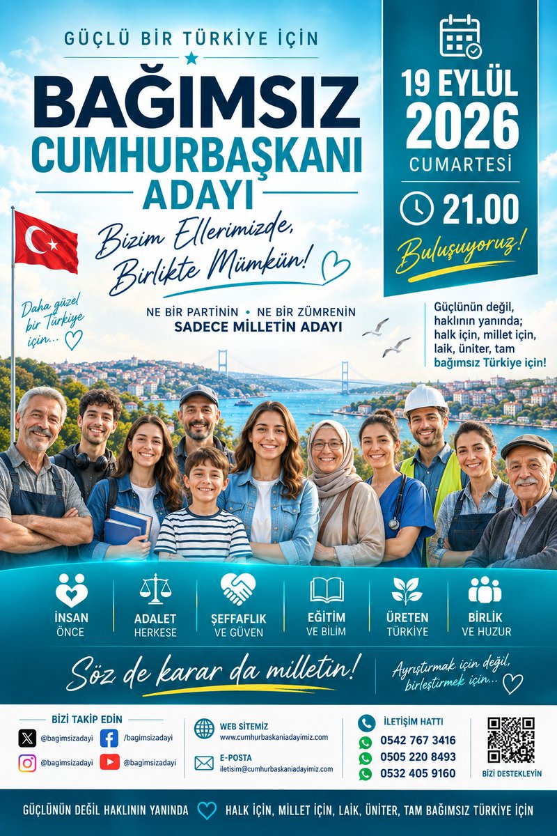 BgmsizCBAdayim's tweet photo. Harcanan emeğin karşılığı ucu açık vaatler ile ödenemez.

Tüketilen yaşamların telafisi vaatler ile yinlenemez.

Siyaset; elemde, kederde ve mutlulukta kader olarak geniş halk yığınlarına adilce yaygınlaştırılmıyorsa: halka, millete hizmet etmiyordur. 

Açlık ve yoksulluk seviyesine mahkum edilen, emeklisine uzun yaşıyorsun denilen, gazisini ağlatan, öğretmenini gazlayan, işçisinin hakkını savunmayan sistem artık revize edilmeli, yenilnmeli, yeniden yapılandırılmalıdır.

Bağımsız, Cumhurbaşkanı Adayı Çıkartma fikri tam olarak bu düşünceden doğmuştur.

Adalet, güçlünün değil haklının yanında olmaktır.

Adalet, herkesin bir yaşamı olduğuna inanmaktır.

Adalet, geleceğe daha mutlu, daha huzurlu ve daha güvenilir nesiller yetiştirmektir.

Adalet adilce halka hizmettir.

Adalet geleceğimizdir.

19 Eylül 2026 Cumartesi saat 21.00 X Platformu Space odamızda görüş, öneri ve fikirleriniz ile vatanımız için elinizi, yüreğinizi, düşüncelerinizi katılım yaparak paylaşınız. 

https://t.co/gOJSWtql0O

https://t.co/lAzAILEgvE