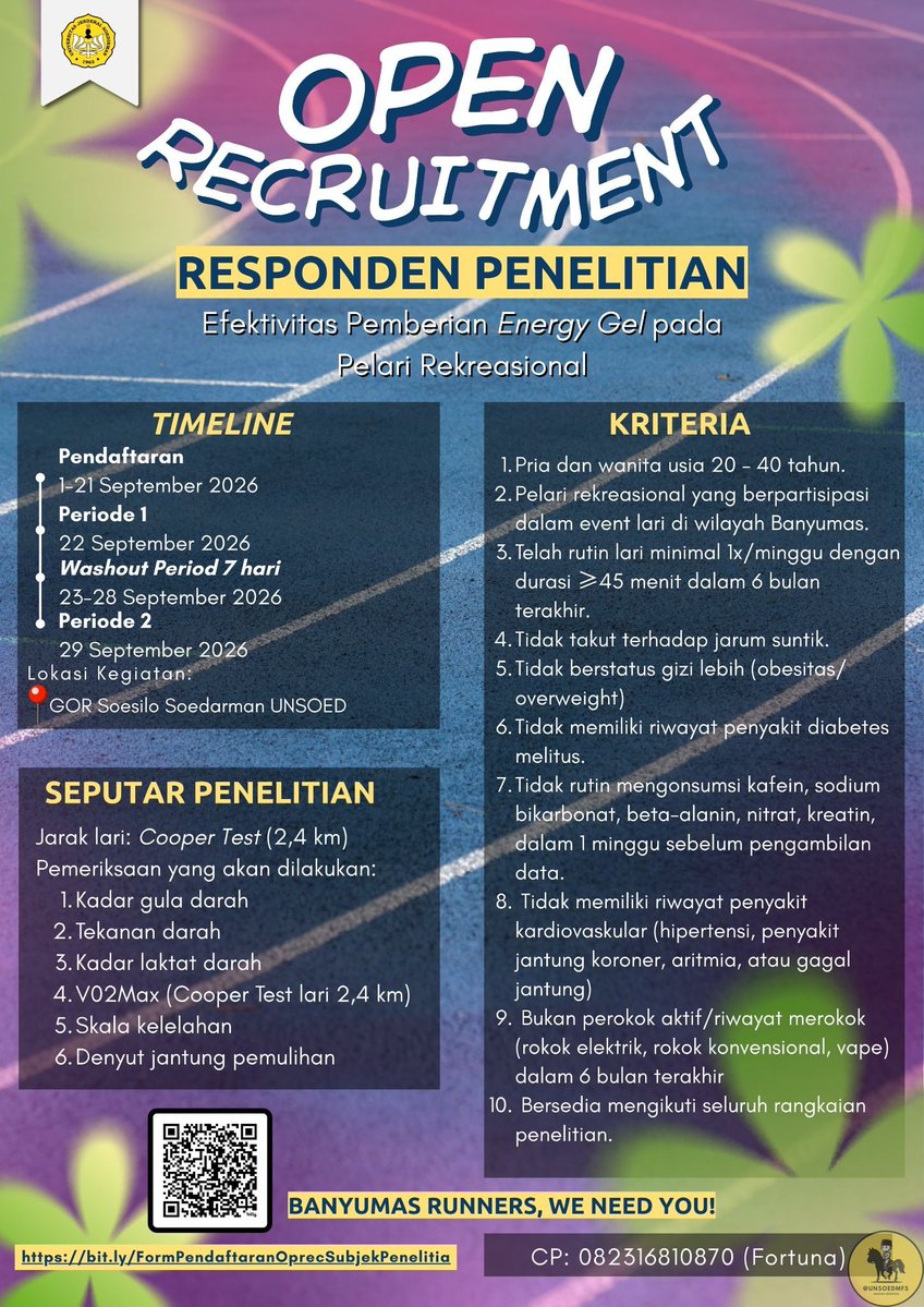unsoedmfs's tweet photo. Jends! Para Pelari Rekreasional Banyumas, We need Youuu

Cari tahu perubahan apa aja yang terjadi pada tubuh kamu ketika berlari melalui penelitian kami🏃🏻‍♂️‍➡️ https://t.co/DTeoEQcYYw