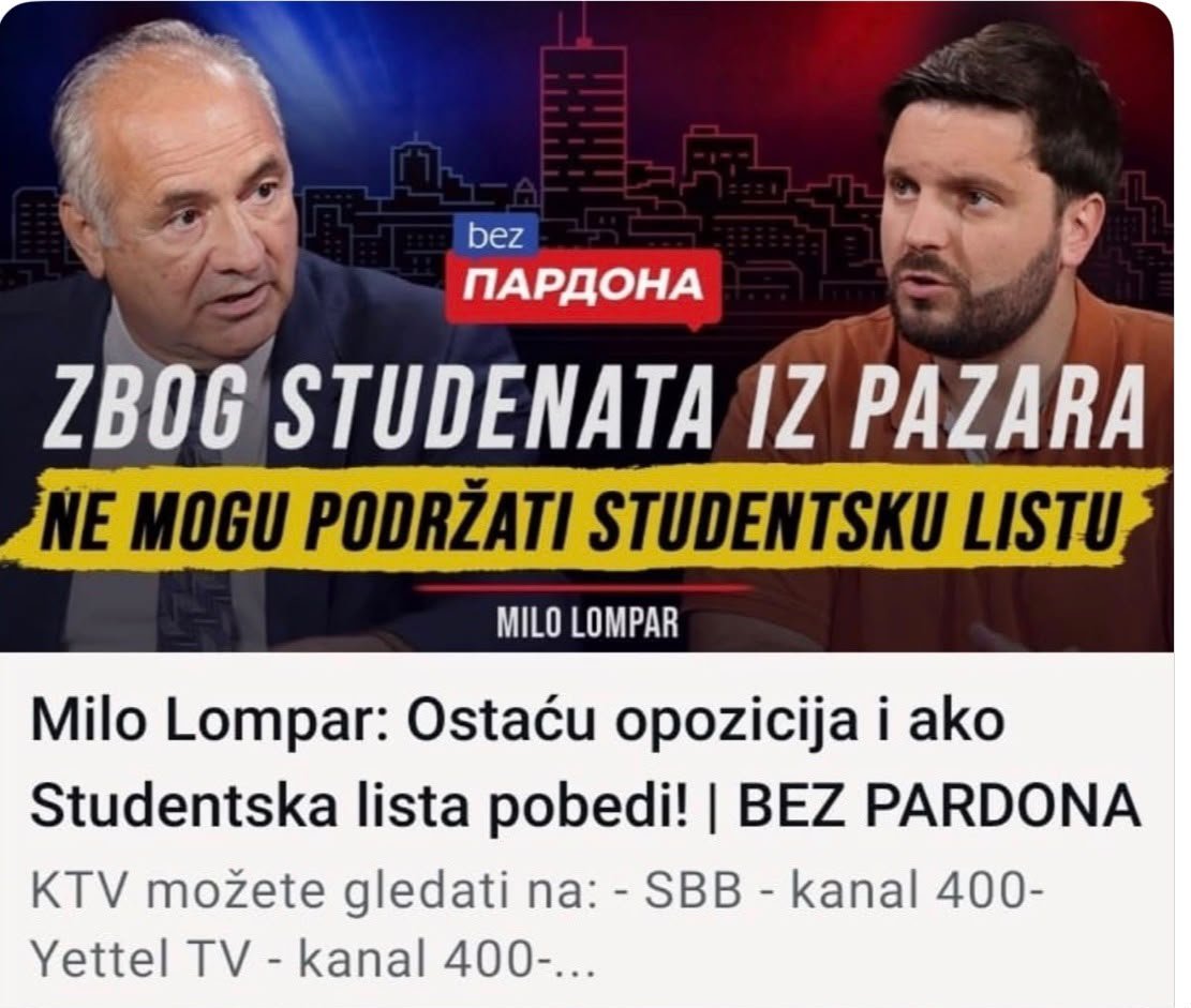 Bedemsrpski4s's tweet photo. Мило Ломпар:
Иза студентс��е листе стоји директно Бојан Пајтић и Немци.
Пазарци су ме избацили са листе јер сам Србин.
Немања Видић због свега тога одјавио студентску листу.

Ко гласа за њих тај је после свега- луд.
Хвала лепо! https://t.co/lPjPJ6CkrJ