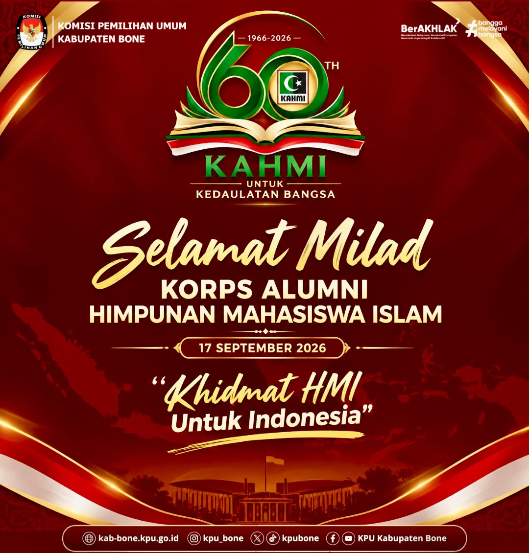 kpubone's tweet photo. #TemanPemilih Keluarga Besar KPU Kabupaten Bone mengucapkan Selamat Milad ke-60 Korps Alumni Himpunan Mahasiswa Islam (KAHMI), 17 September 1966 – 17 September 2026. https://t.co/JTjiOEQpGy